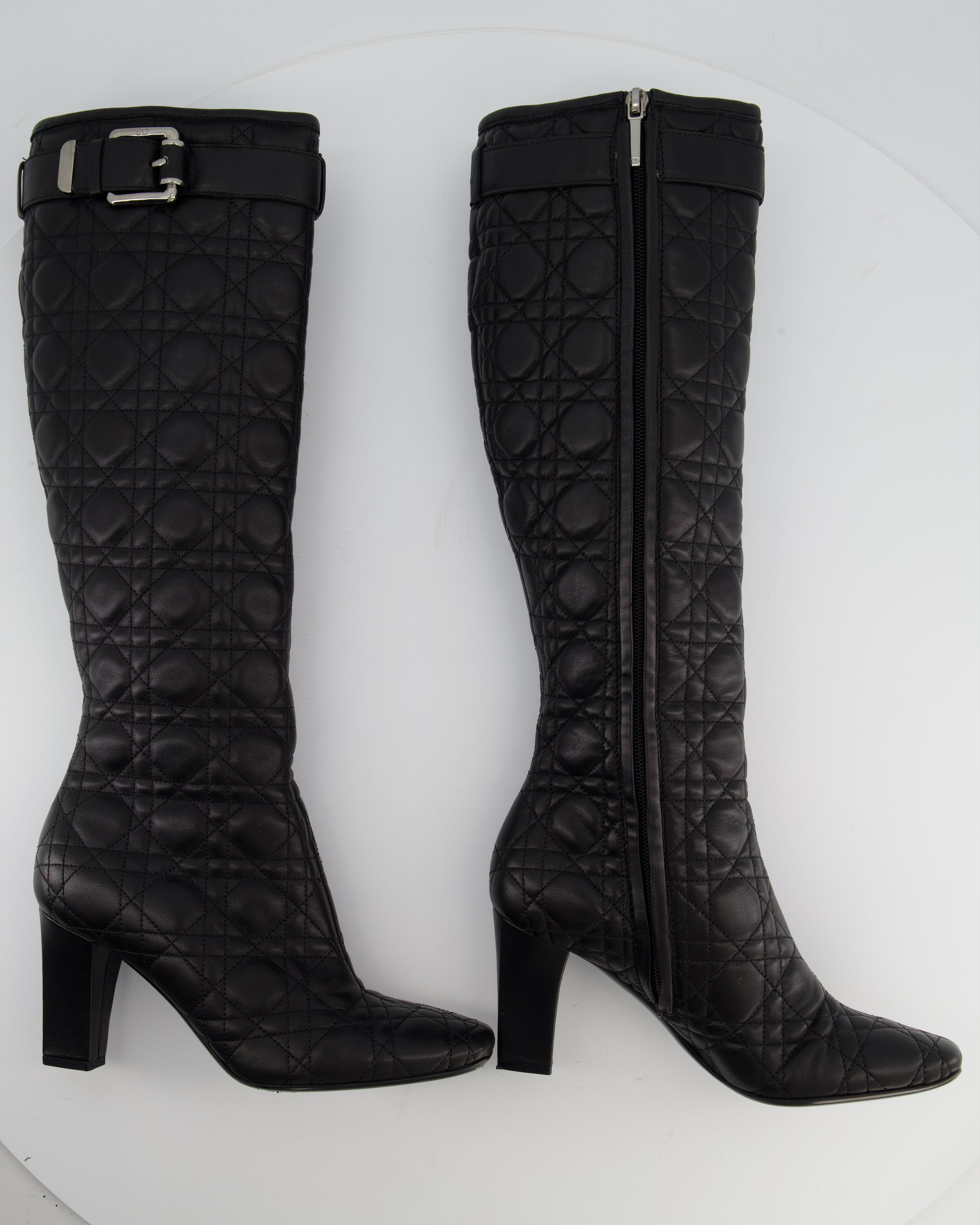 Christian Dior Cannage Black Leather Knee Boots with Buckle Detail Size 37