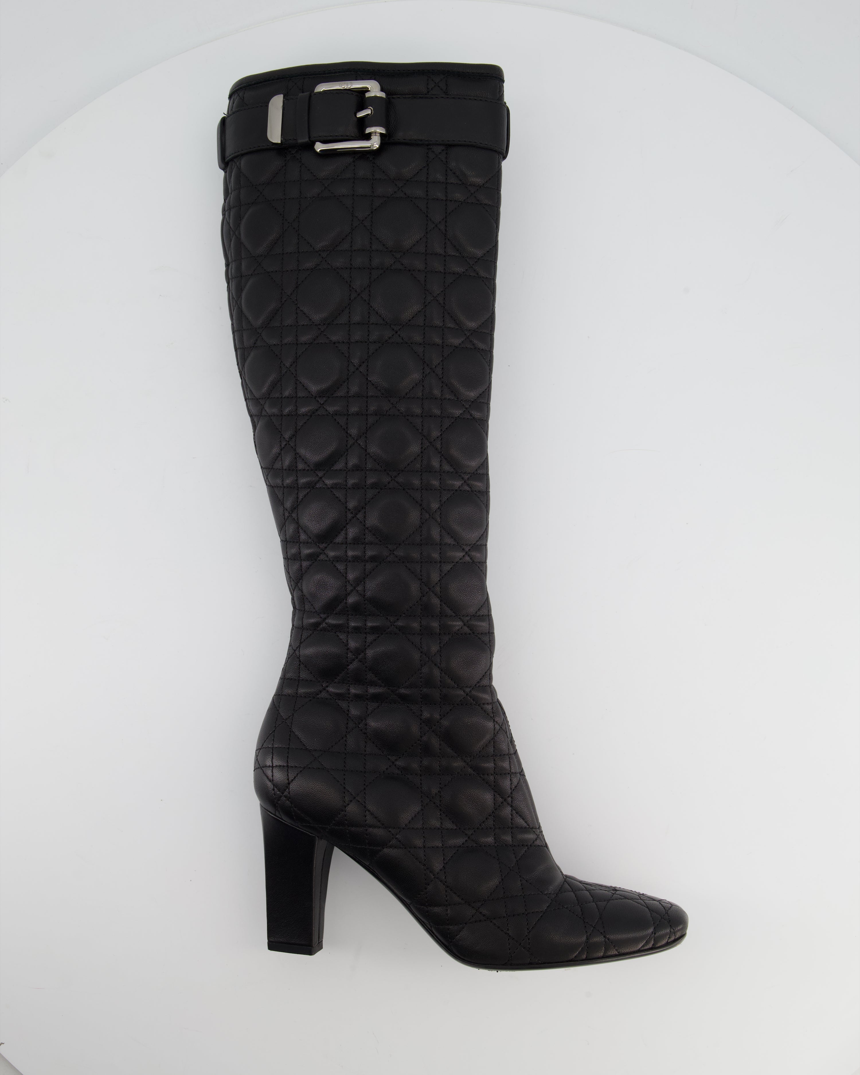 Christian Dior Cannage Black Leather Knee Boots with Buckle Detail Size 37