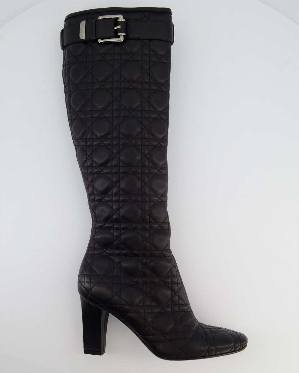 Christian Dior Cannage Black Leather Knee Boots with Buckle Detail Size 37