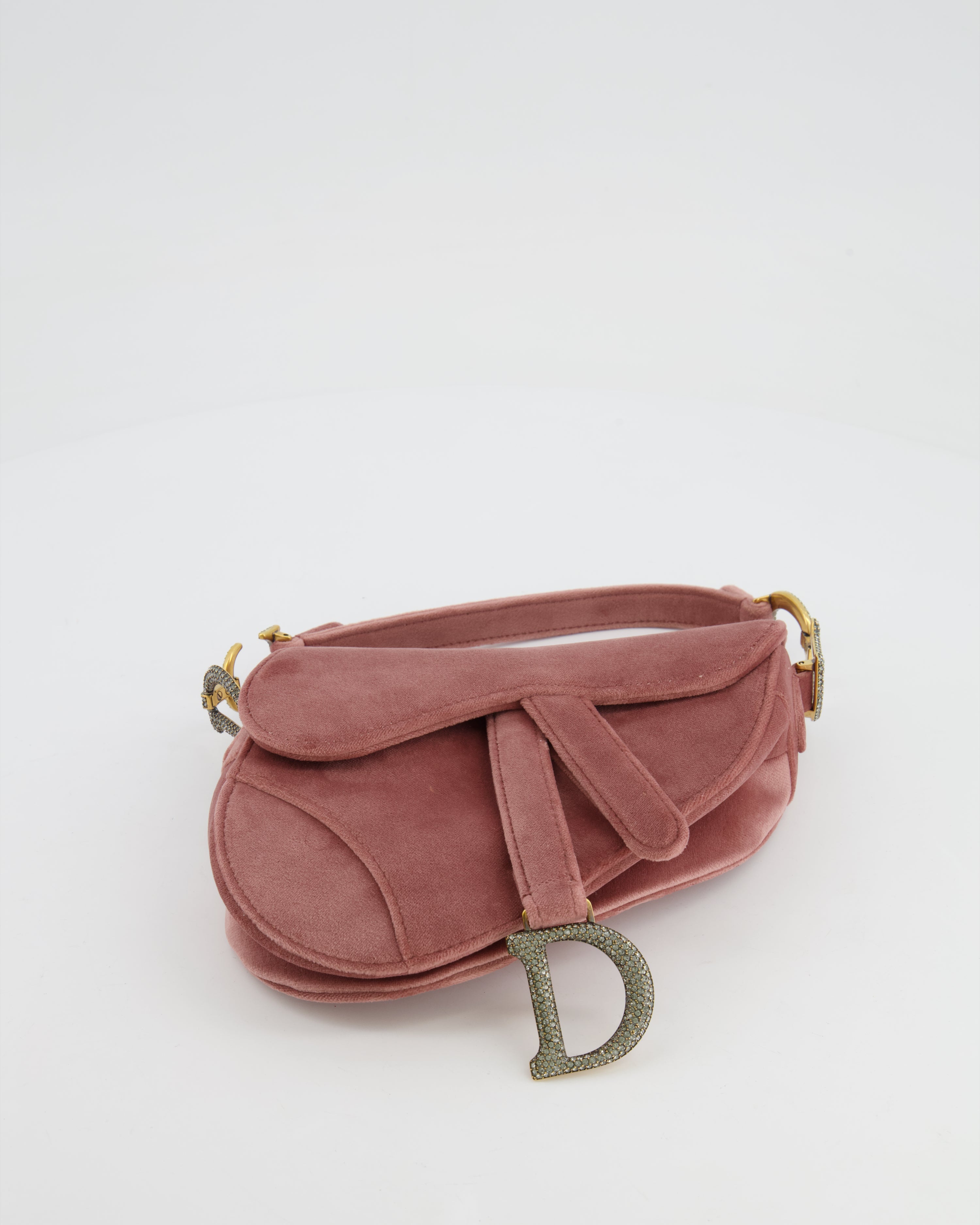 Christian Dior Pink Velvet Mini Saddle Bag with Gold and Crystal Embellished Hardware