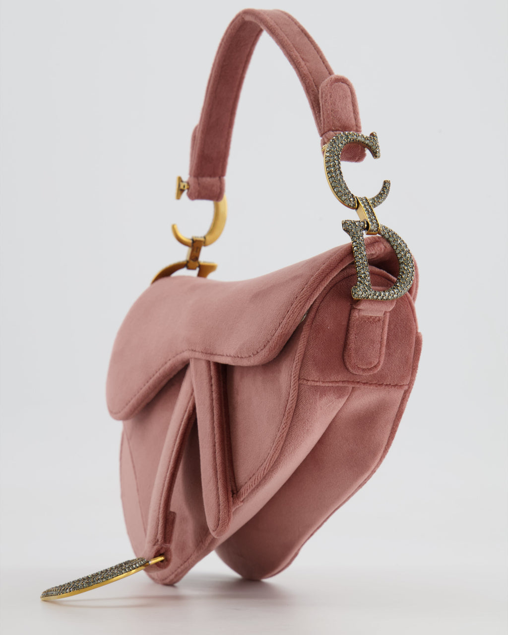 Christian Dior Pink Velvet Mini Saddle Bag with Gold and Crystal Embellished Hardware