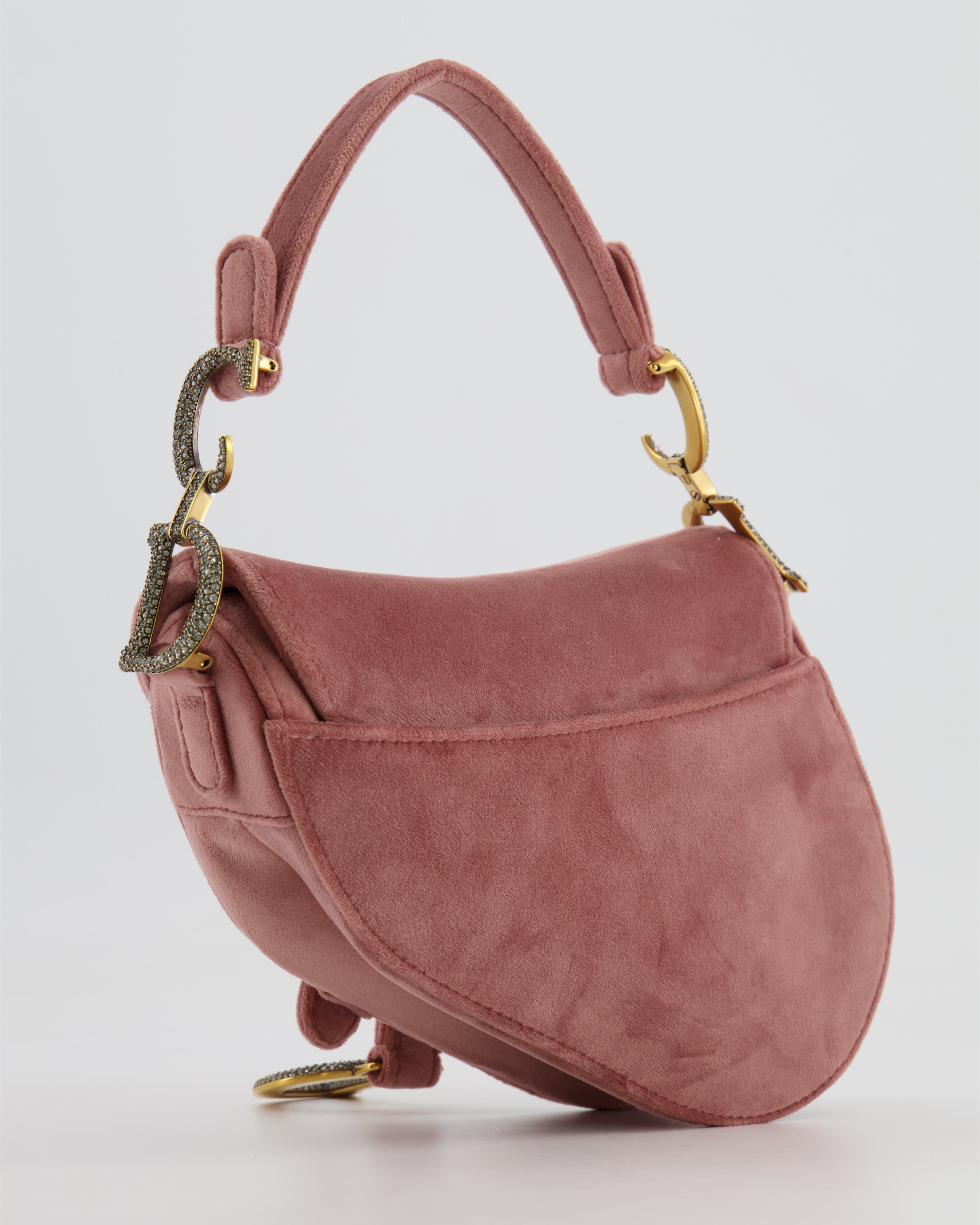 Christian Dior Pink Velvet Mini Saddle Bag with Gold and Crystal Embellished Hardware