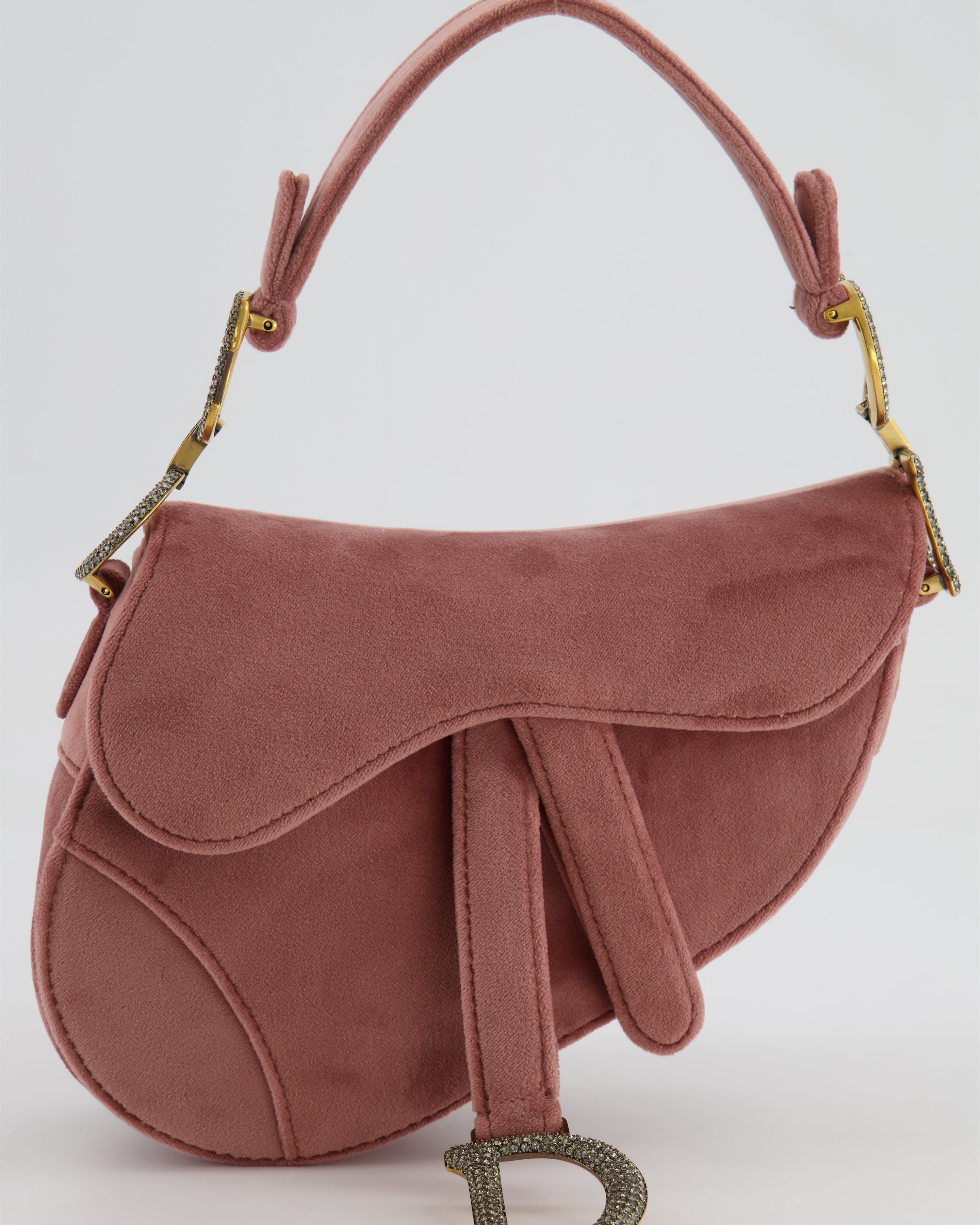 Christian Dior Pink Velvet Mini Saddle Bag with Gold and Crystal Embellished Hardware