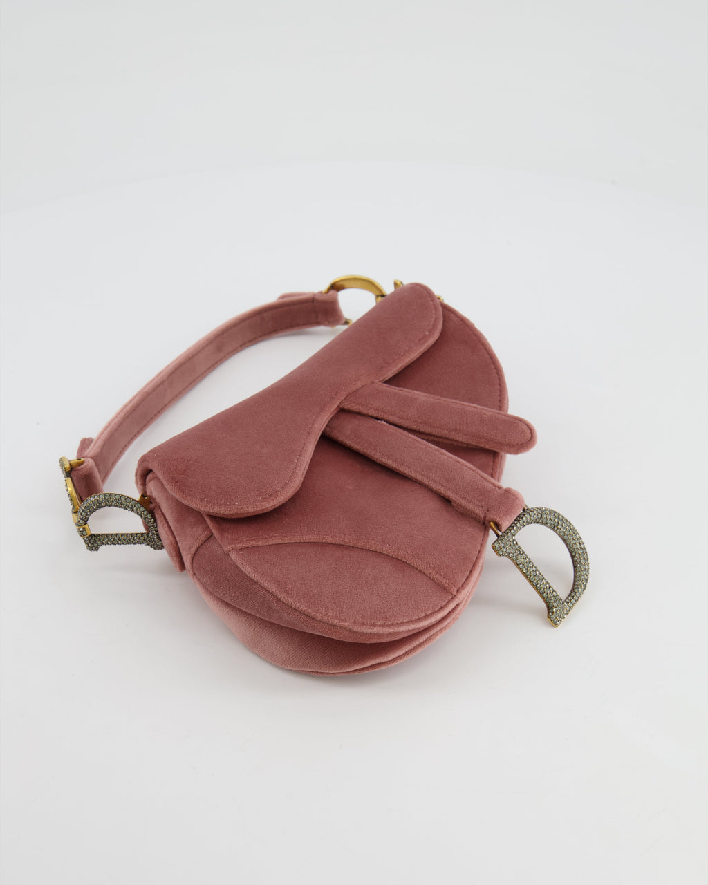 Christian Dior Pink Velvet Mini Saddle Bag with Gold and Crystal Embellished Hardware