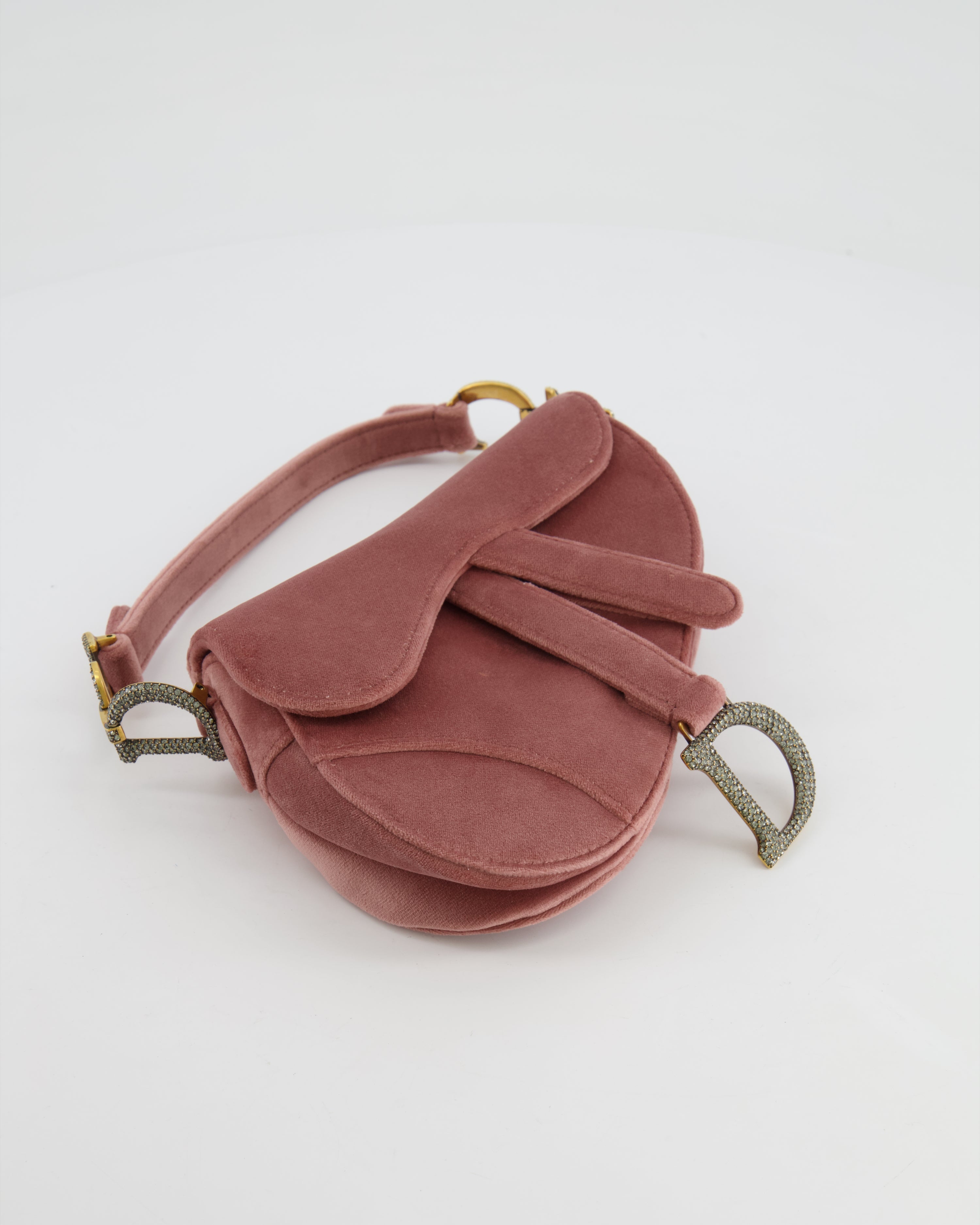 Christian Dior Pink Velvet Mini Saddle Bag with Gold and Crystal Embellished Hardware