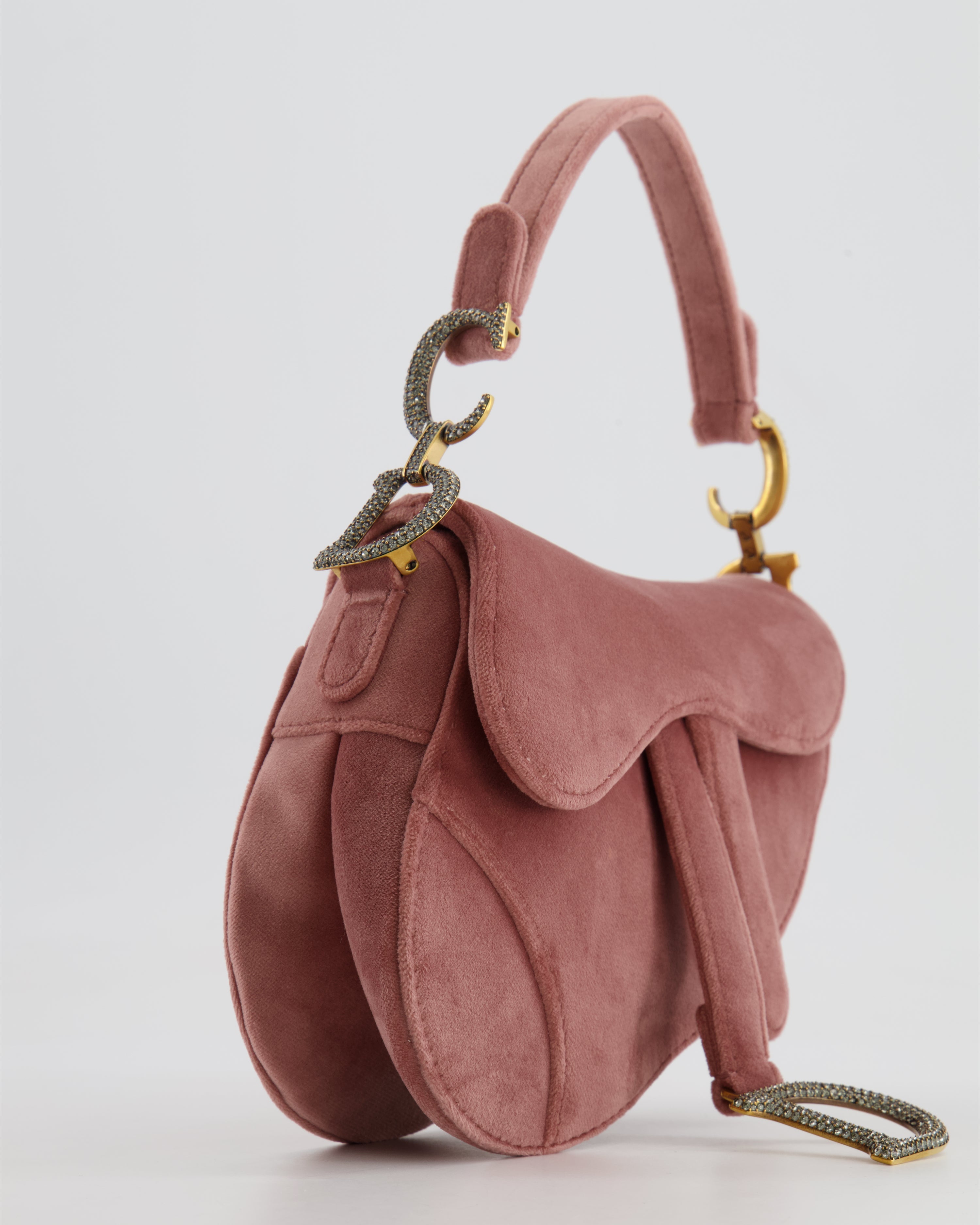 Christian Dior Pink Velvet Mini Saddle Bag with Gold and Crystal Embellished Hardware