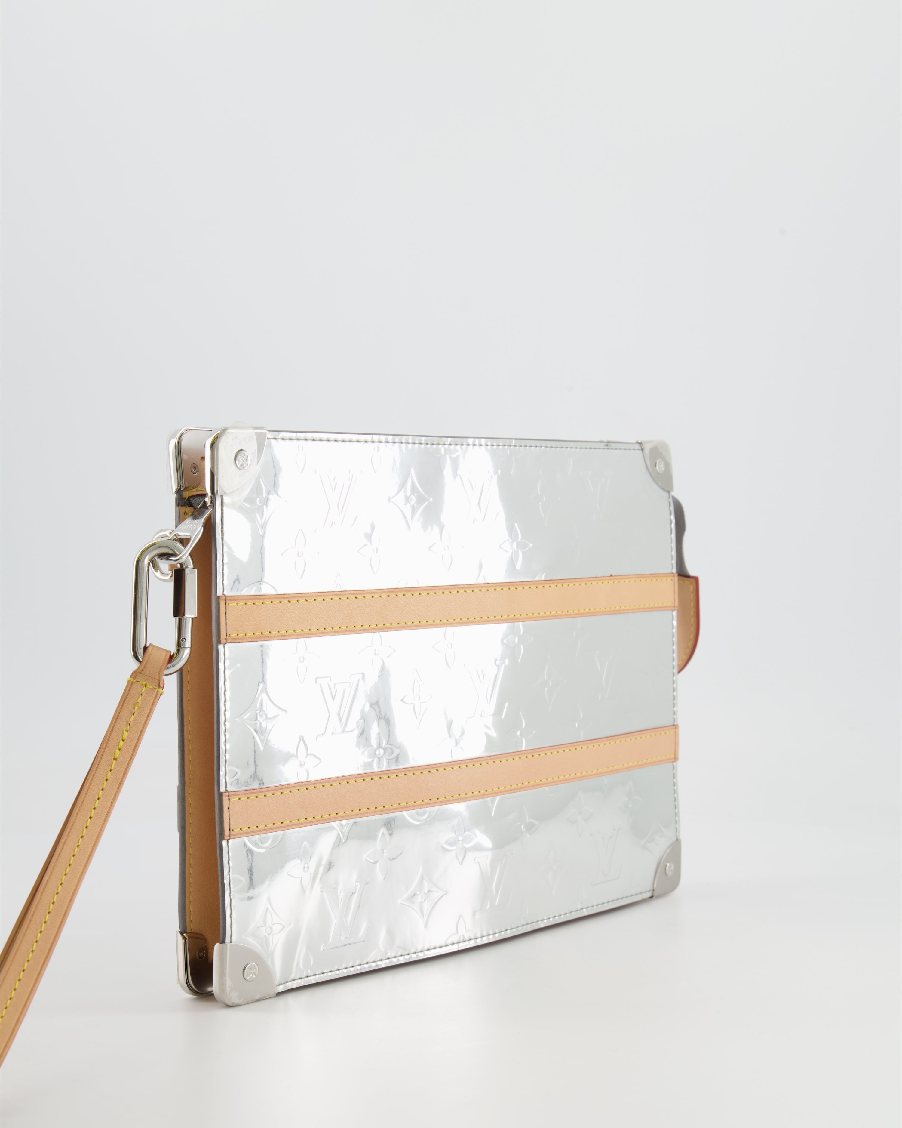 Louis Vuitton FW/21 Silver Metallic Monogram Mirror Vinyl and Vachetta Leather Pouch Bag with Strap