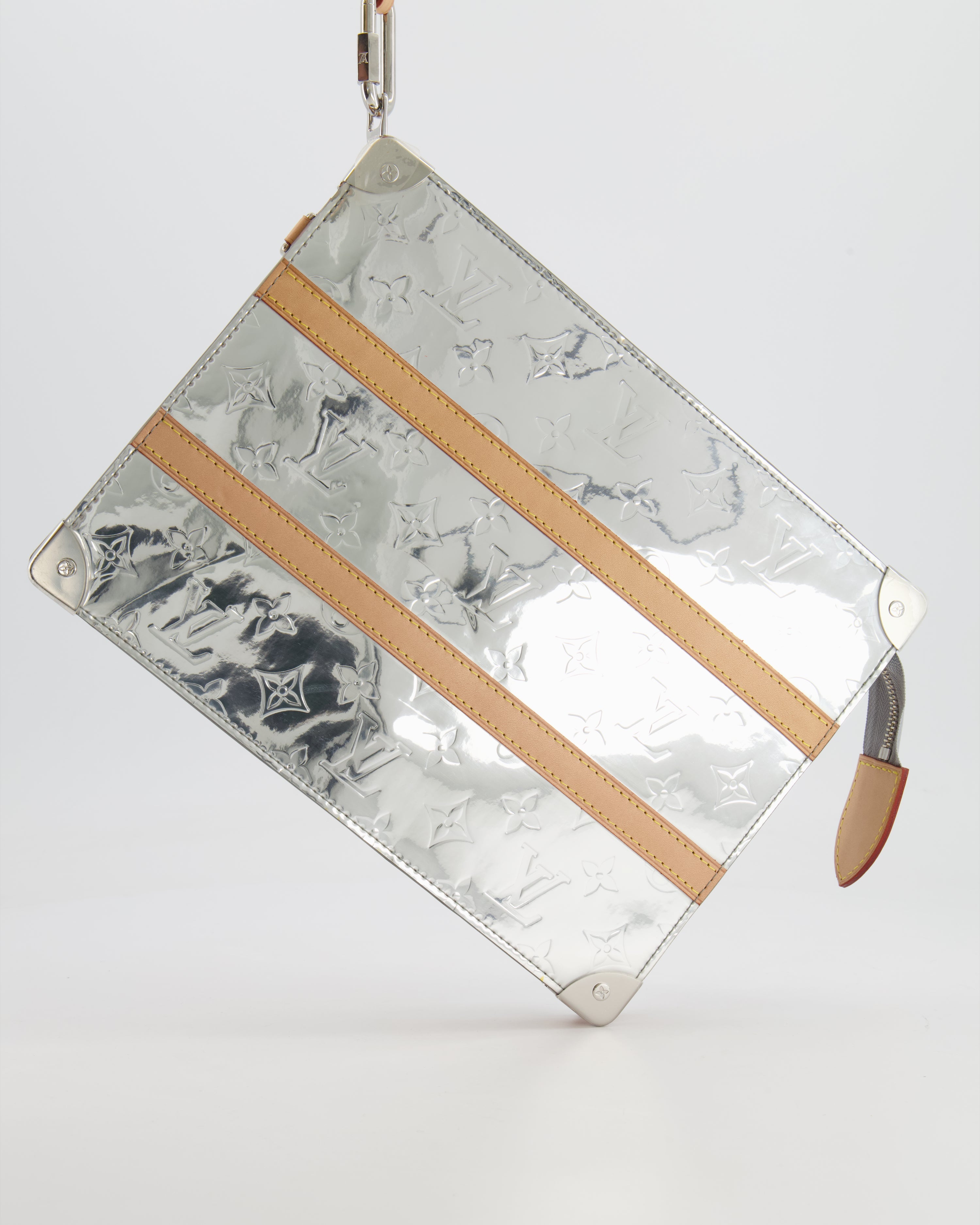 Louis Vuitton FW/21 Silver Metallic Monogram Mirror Vinyl and Vachetta Leather Pouch Bag with Strap
