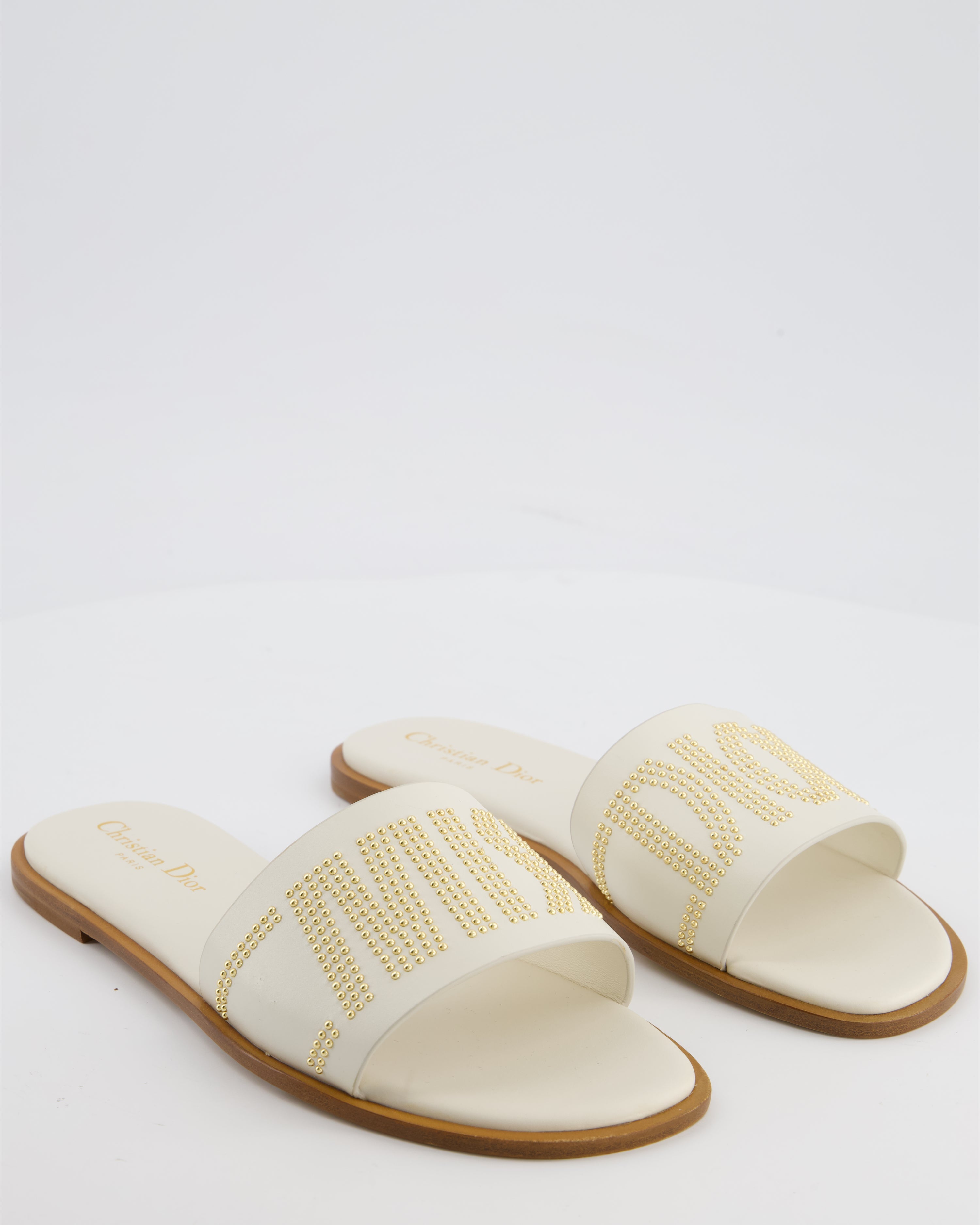 Christian Dior Cream and Brown Embellished Dway Slide Sandals Size EU 38