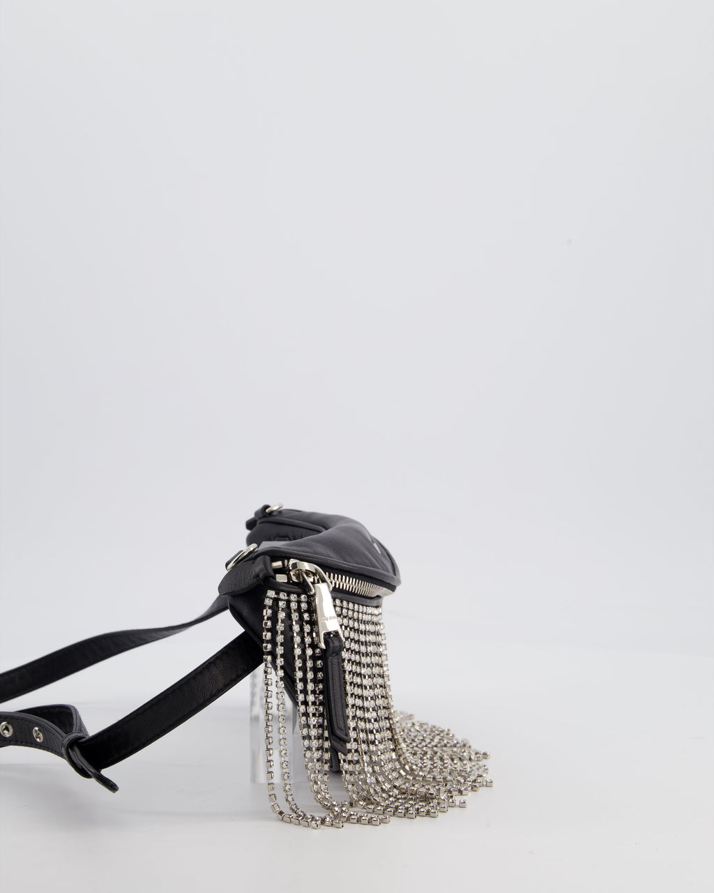 Miu Miu Black Leather Bum Bag with Crystal Tassels and Logo Details