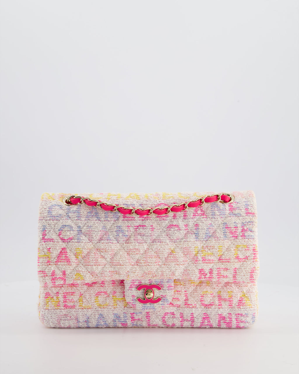 Chanel 2024 White & Pastel Multicolour Tweed Medium Classic Double Flap Bag with Pink, Gold Hardware