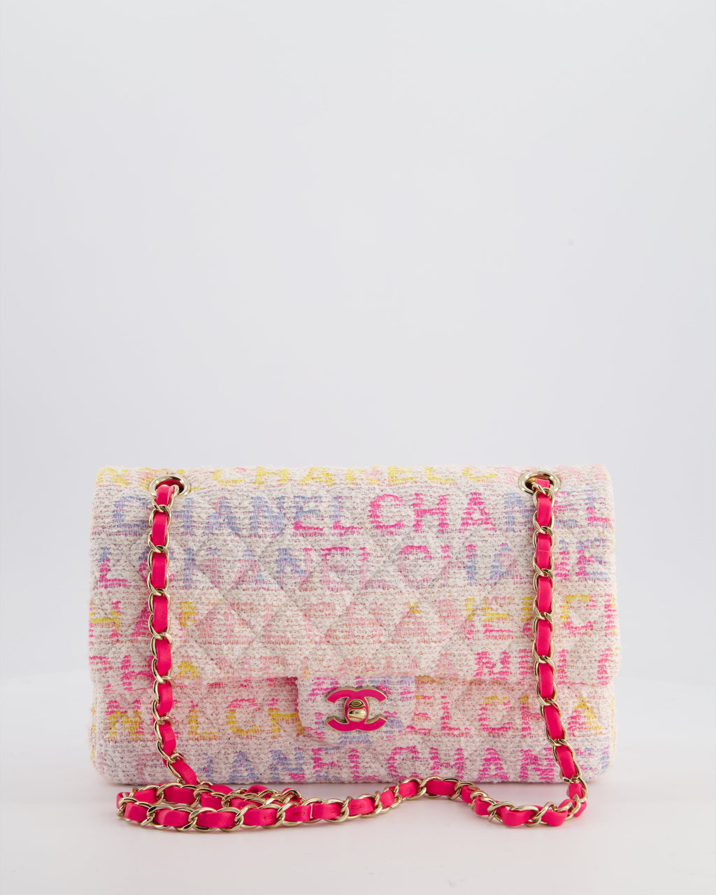 Chanel 2024 White & Pastel Multicolour Tweed Medium Classic Double Flap Bag with Pink, Gold Hardware