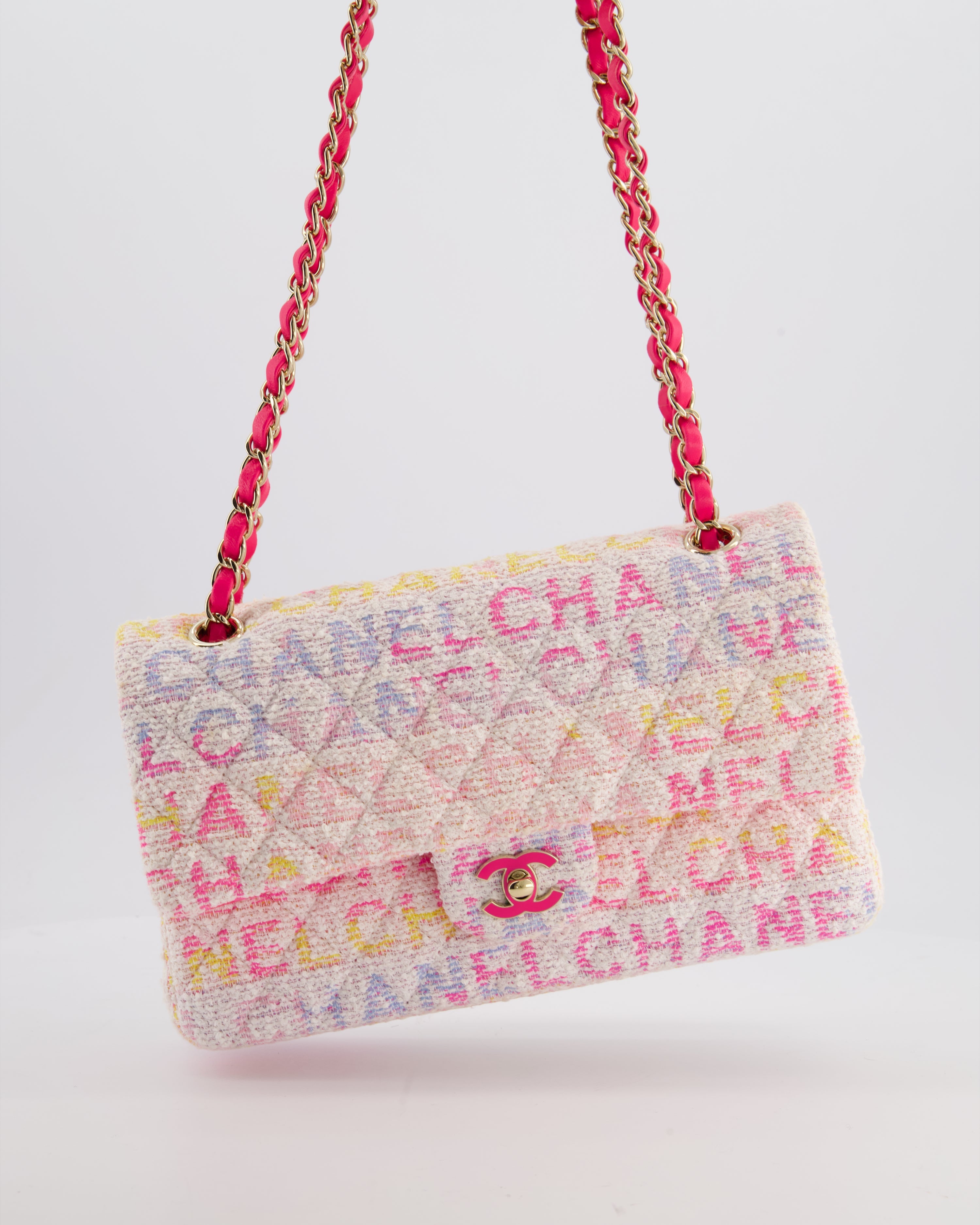 Chanel 2024 White & Pastel Multicolour Tweed Medium Classic Double Flap Bag with Pink, Gold Hardware