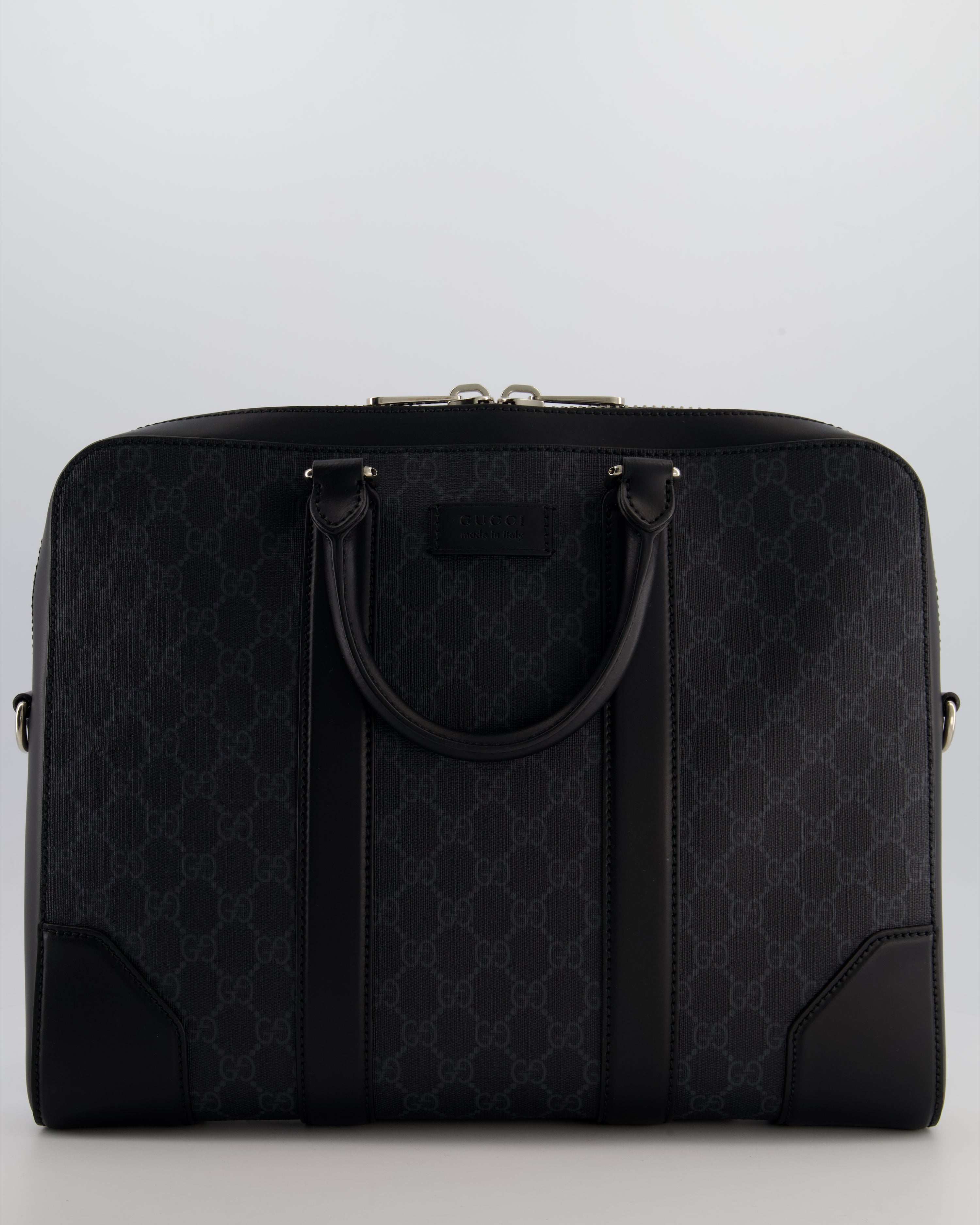Gucci Black GG Canvas Brief Case Bag with Leather Handles and Trim with Silver Hardware