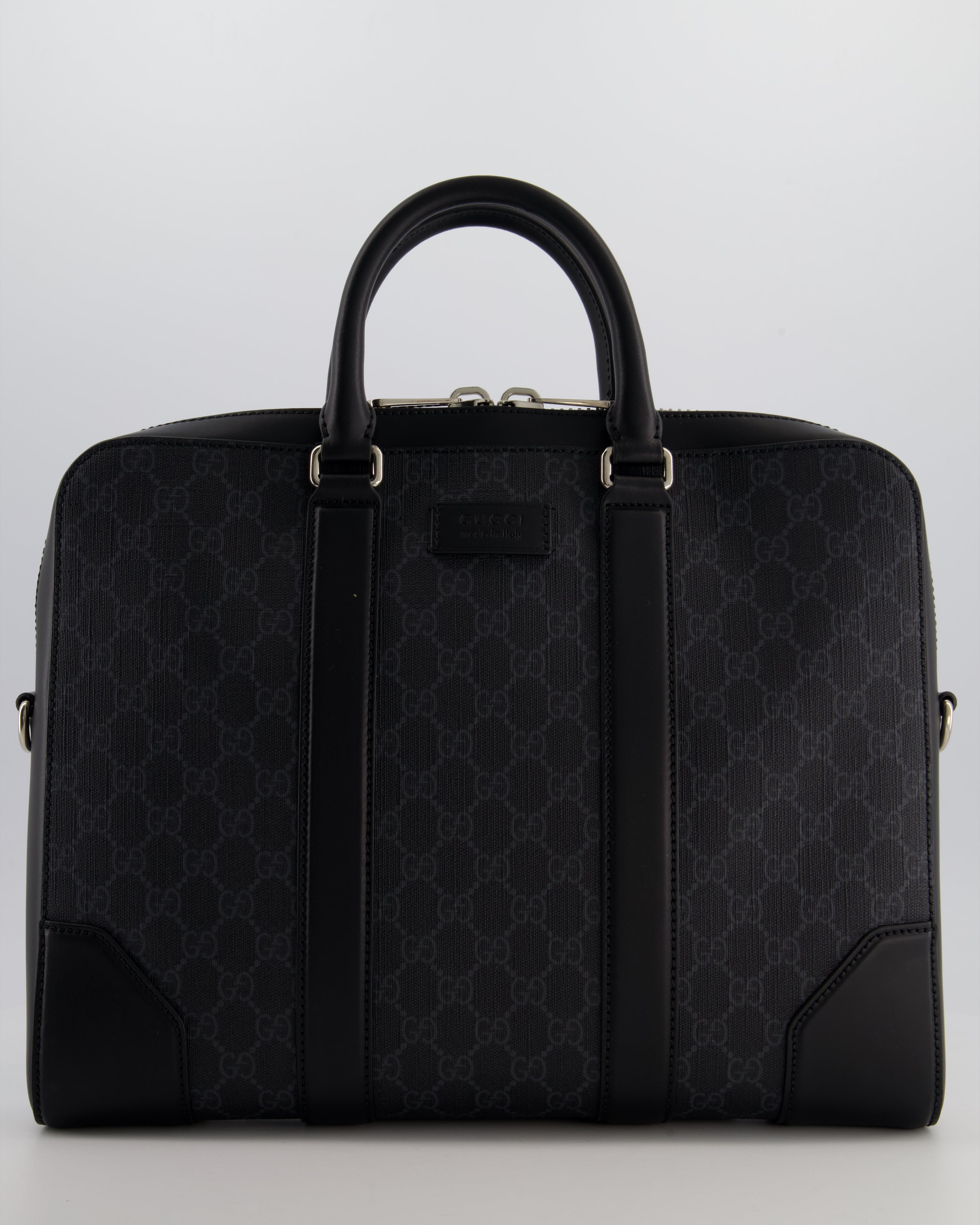 Gucci Black GG Canvas Brief Case Bag with Leather Handles and Trim with Silver Hardware