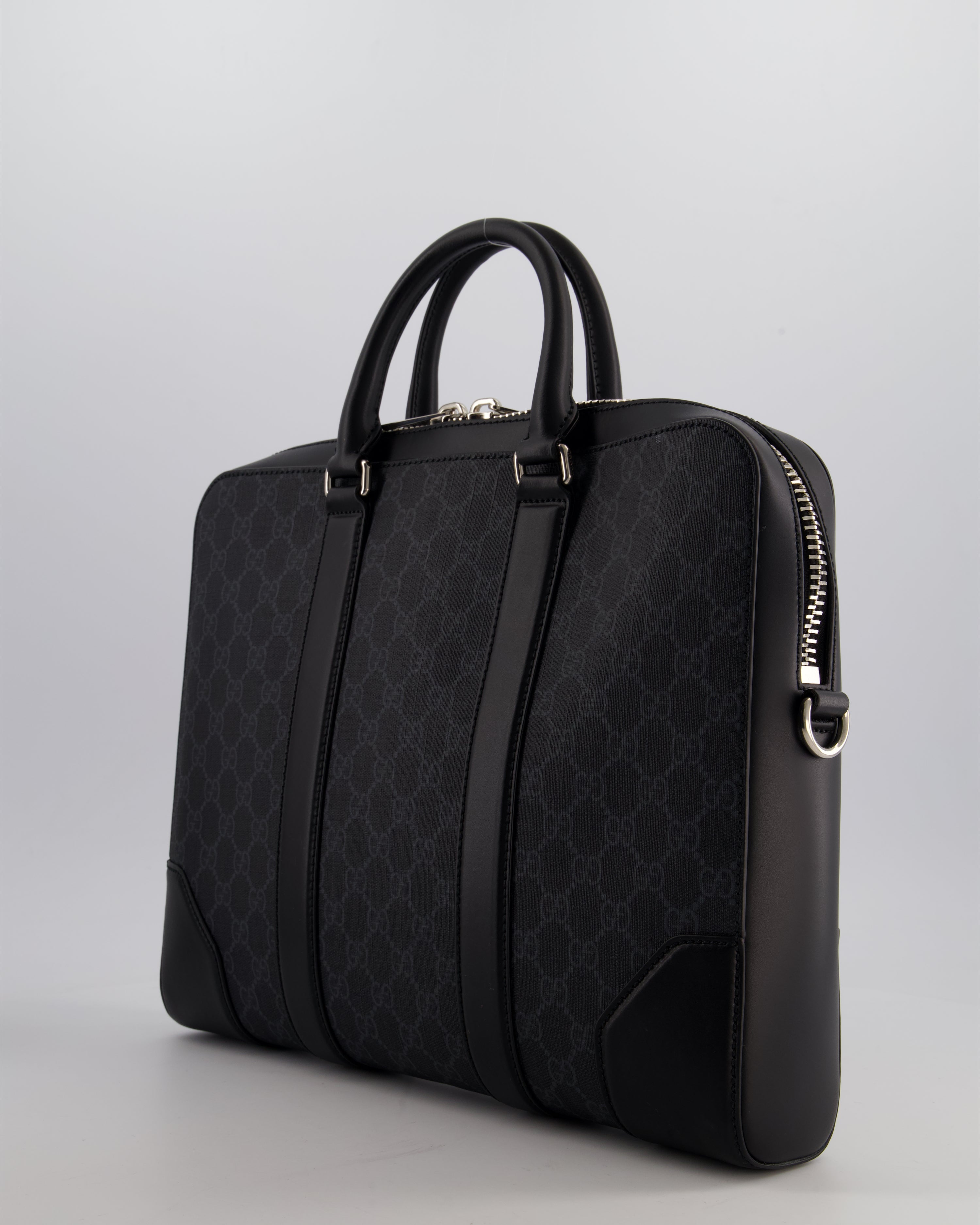Gucci Black GG Canvas Brief Case Bag with Leather Handles and Trim with Silver Hardware