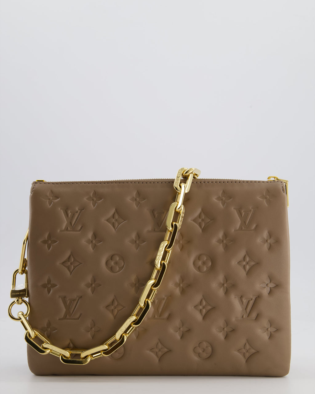 Louis Vuitton Beige Coussin PM Bag in Monogram Embossed Calfskin Leather with Gold Chain Strap