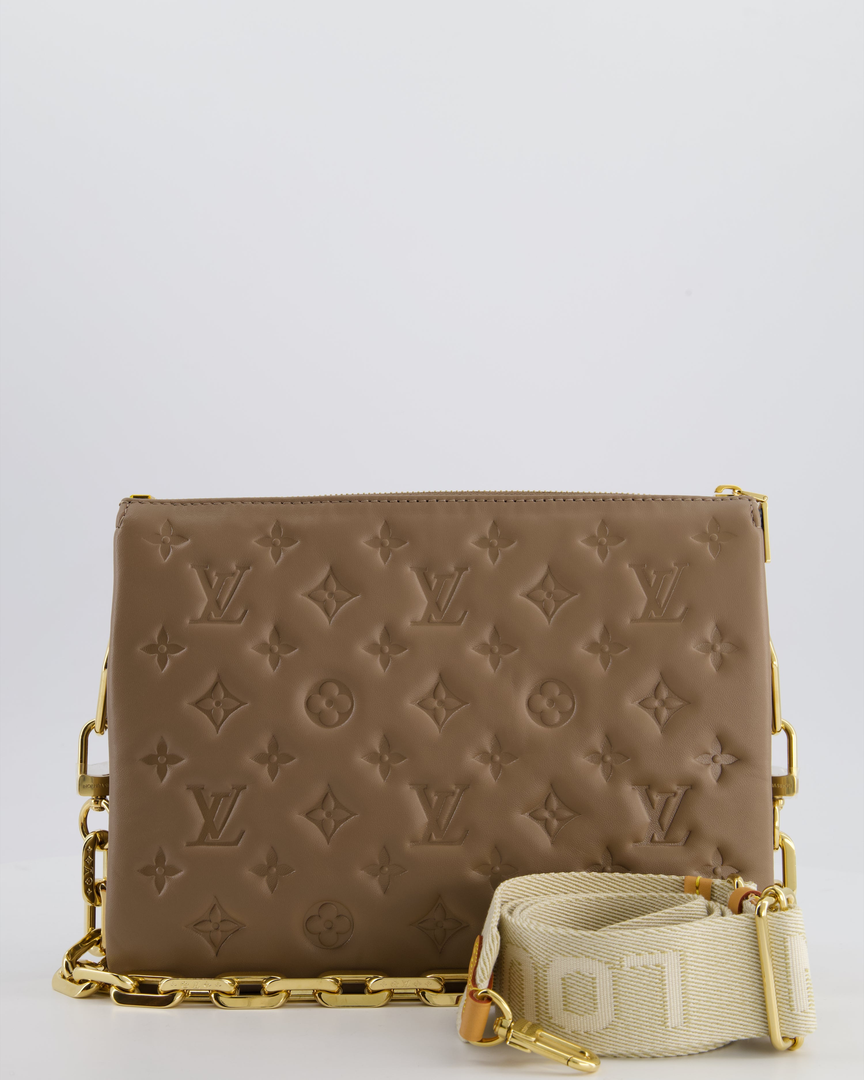 Louis Vuitton Beige Coussin PM Bag in Monogram Embossed Calfskin Leather with Gold Chain Strap