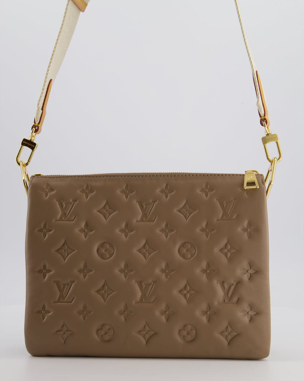 Louis Vuitton Beige Coussin PM Bag in Monogram Embossed Calfskin Leather with Gold Chain Strap