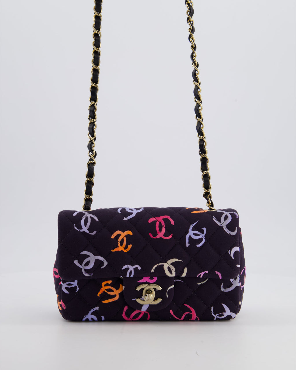 Chanel 24/S Navy Multicolour Jersey Mini Rectangular CC Flap Bag with Champagne Gold Hardware