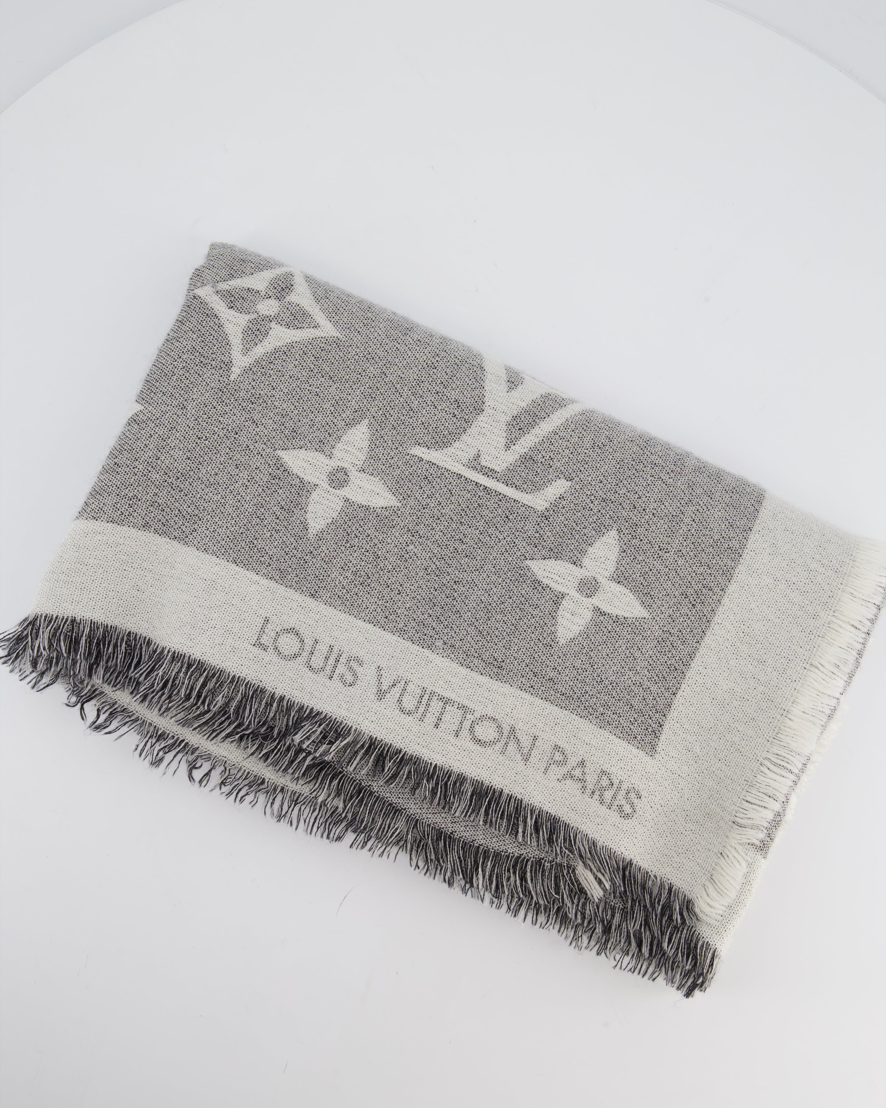 Louis Vuitton Grey Monogram Scarf with Fringe Detail Size 140cm x 140cm