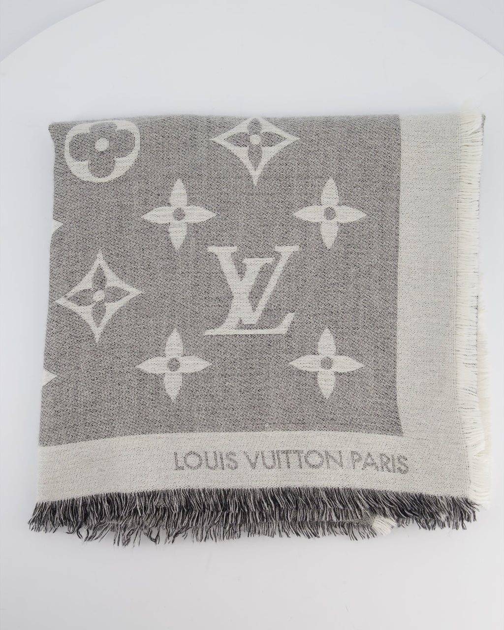 Louis Vuitton Grey Monogram Scarf with Fringe Detail Size 140cm x 140cm