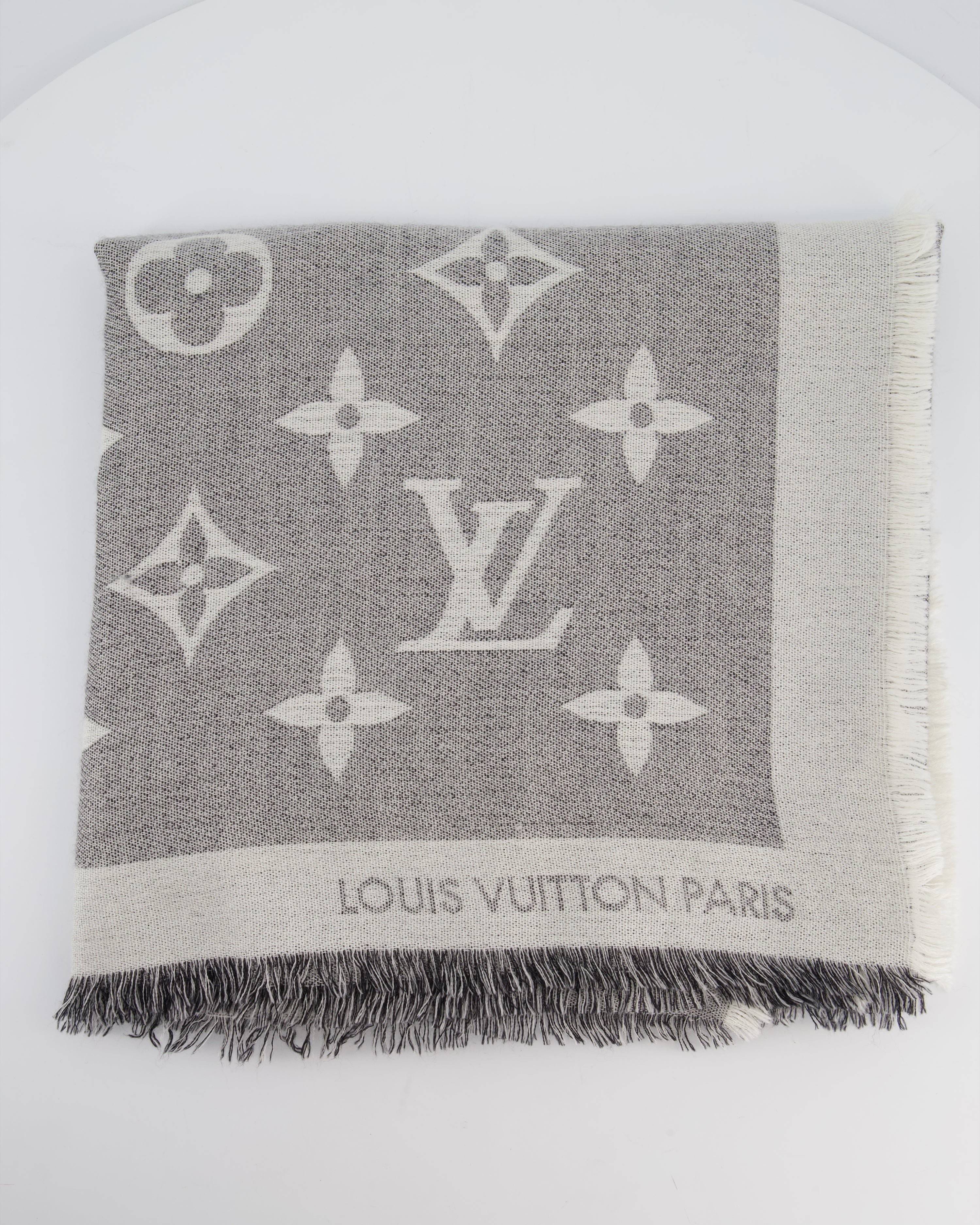 Louis Vuitton Grey Monogram Scarf with Fringe Detail Size 140cm x 140cm