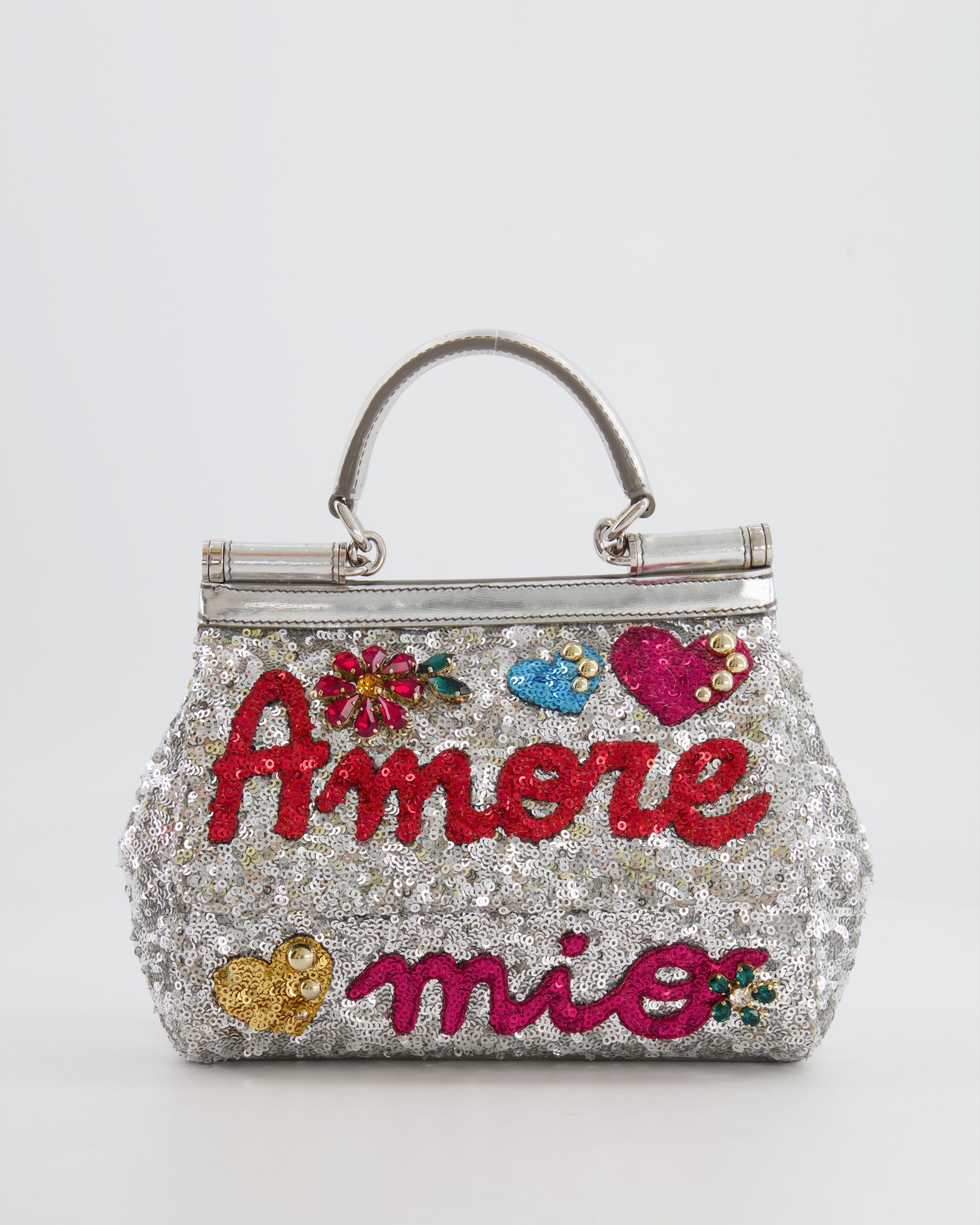 Dolce & Gabbana Silver Sequin Amore Mio Embellished Top Handle Mini Sicily Bag with Crystal Appliqué