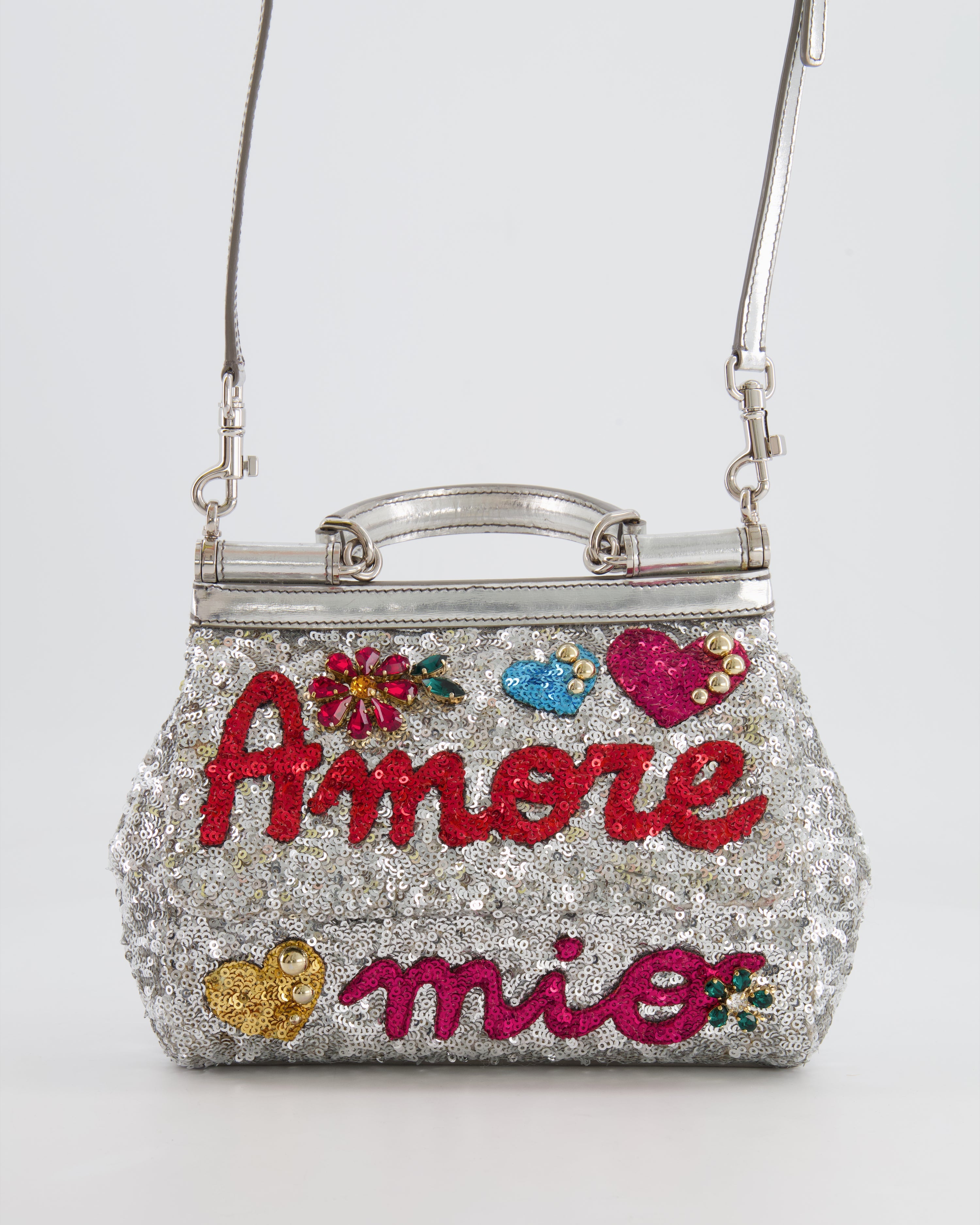 Dolce & Gabbana Silver Sequin Amore Mio Embellished Top Handle Mini Sicily Bag with Crystal Appliqué