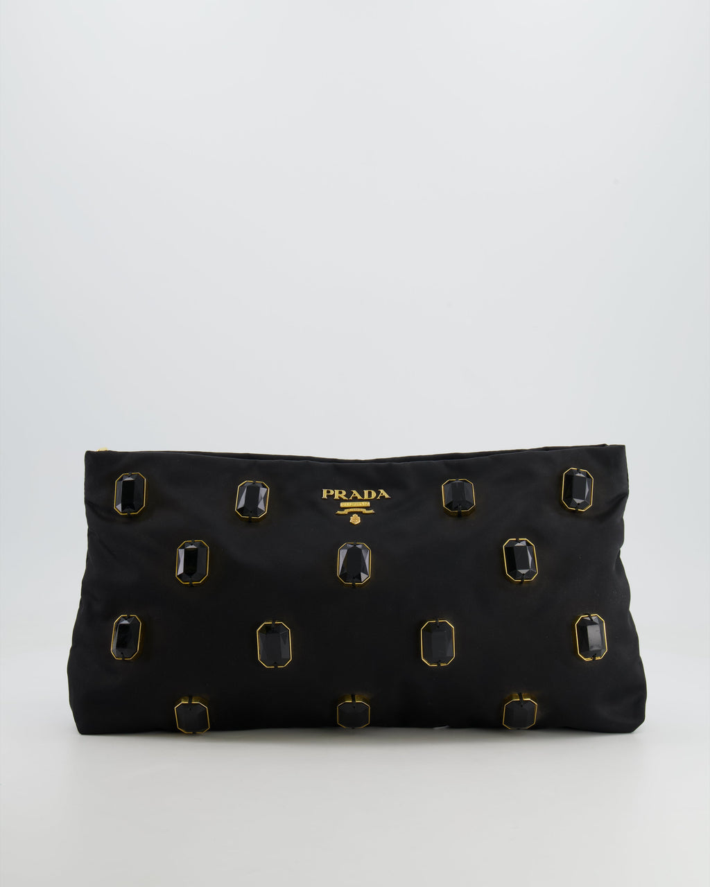 Prada Black Nylon Clutch Bag with Rhinestones Appliqué and Gold Logo