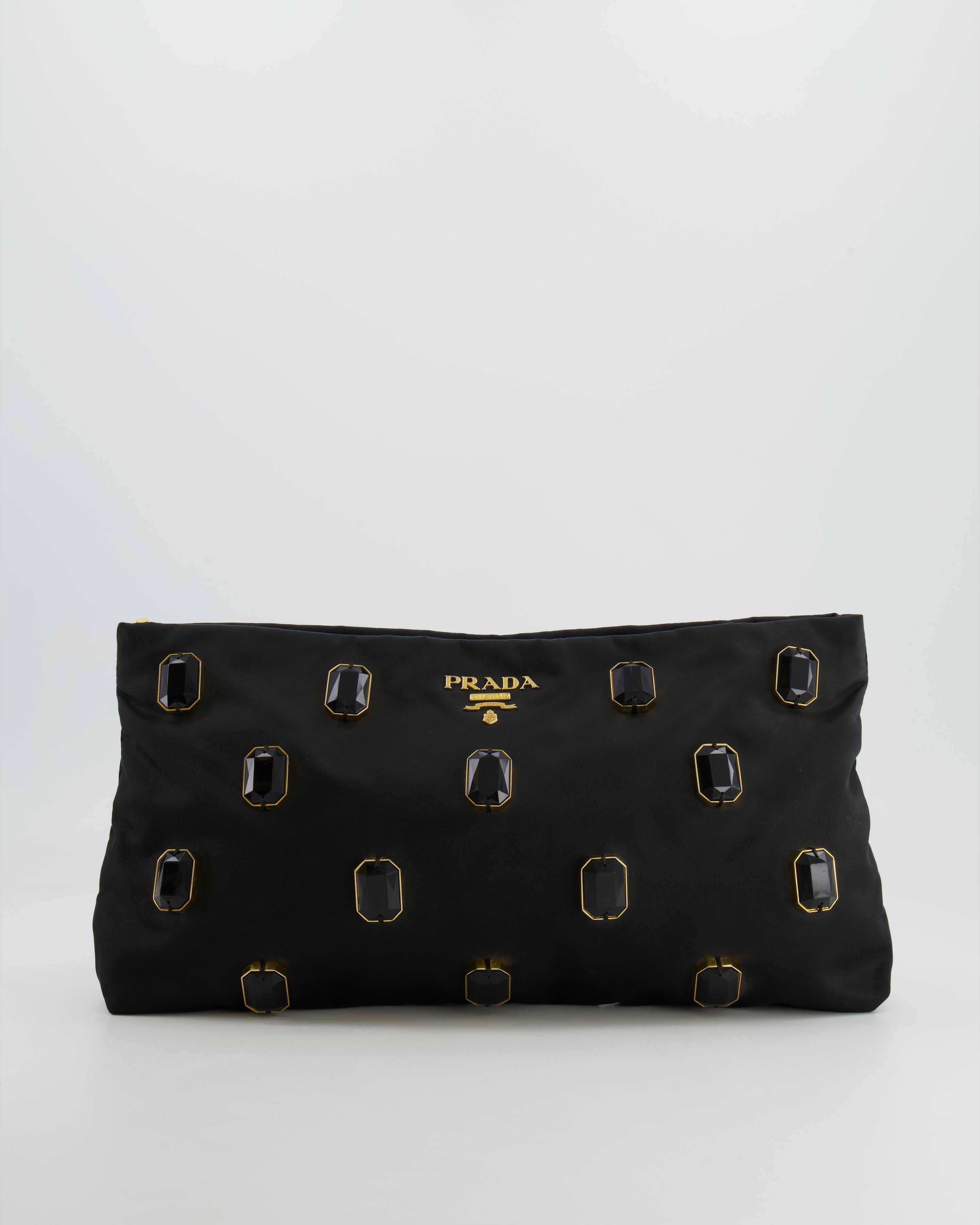 Prada Black Nylon Clutch Bag with Rhinestones Appliqué and Gold Logo