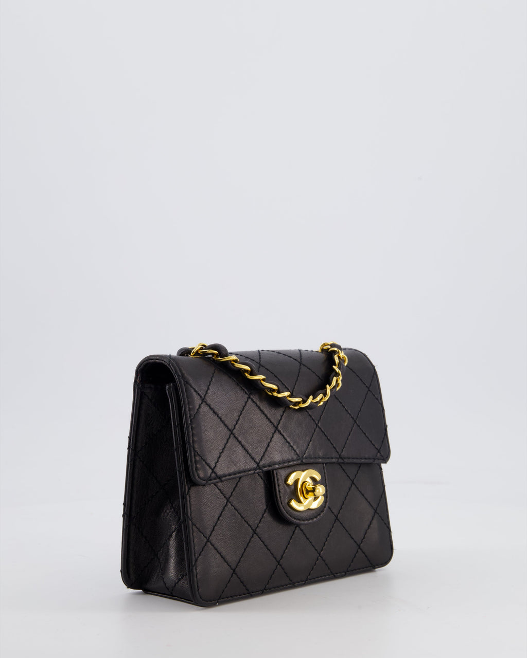 Chanel Black Vintage Mini Square Classic Flap Bag in Lambskin Leather with 24K Gold Hardware