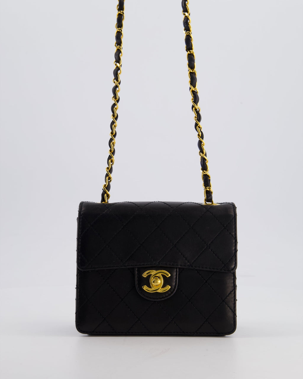 Chanel Black Vintage Mini Square Classic Flap Bag in Lambskin Leather with 24K Gold Hardware