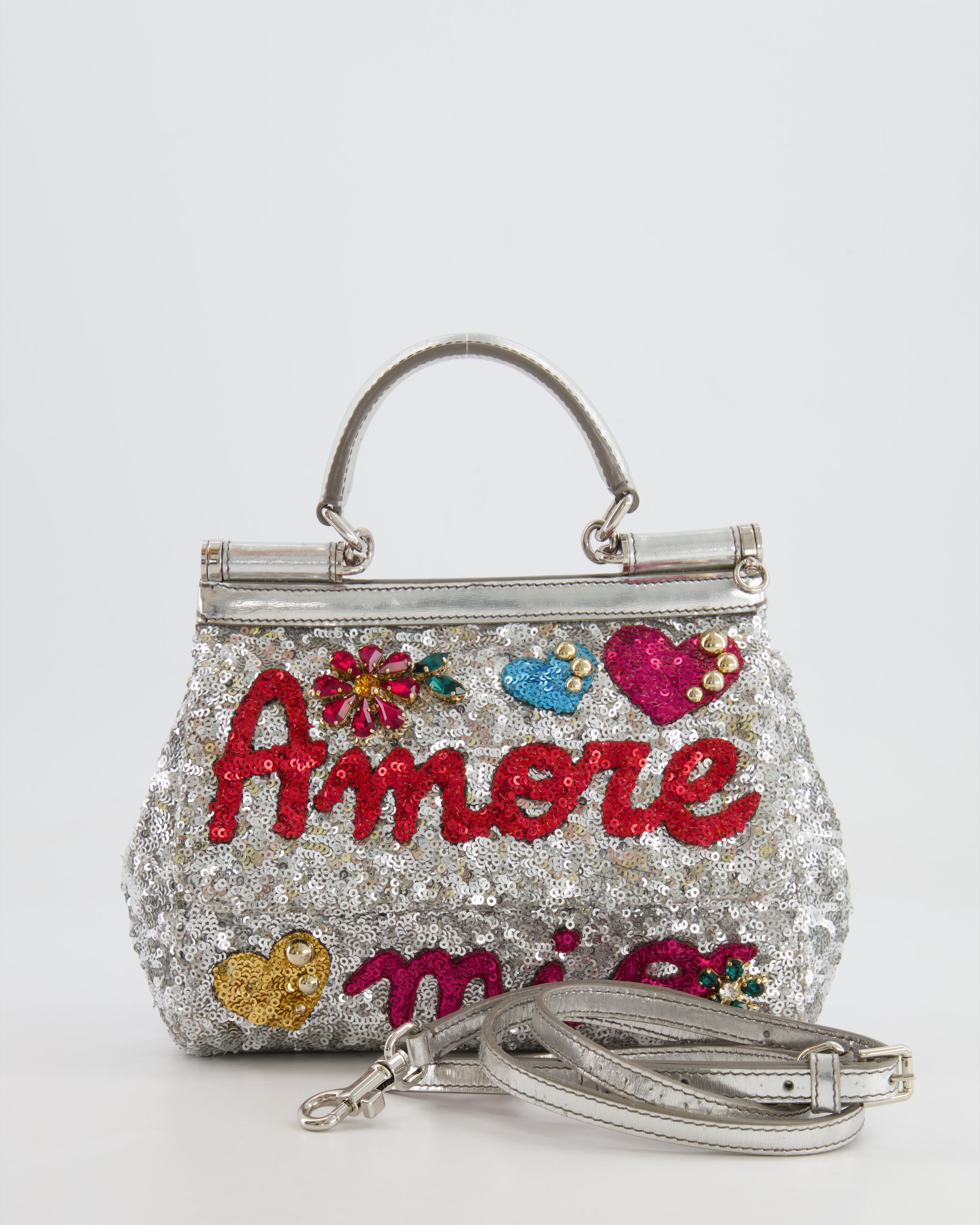Dolce & Gabbana Silver Sequin Amore Mio Embellished Top Handle Mini Sicily Bag with Crystal Appliqué
