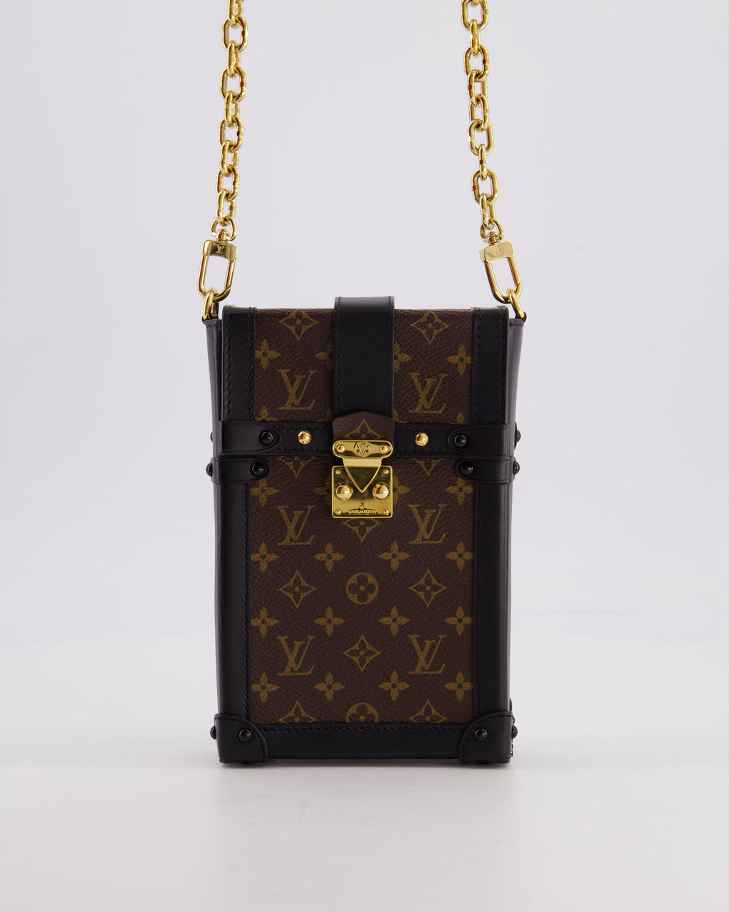 Louis Vuitton Brown Pochette Trunk Vertical Bag in Monogram Canvas & Black Calfskin Leather with Gold Hardware