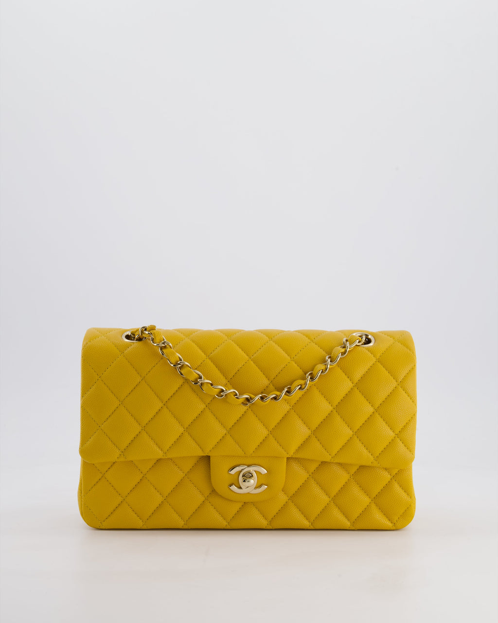 Chanel Medium Classic Double Flap Bag in Mustard Yellow Caviar Leather with Gold Hardware
