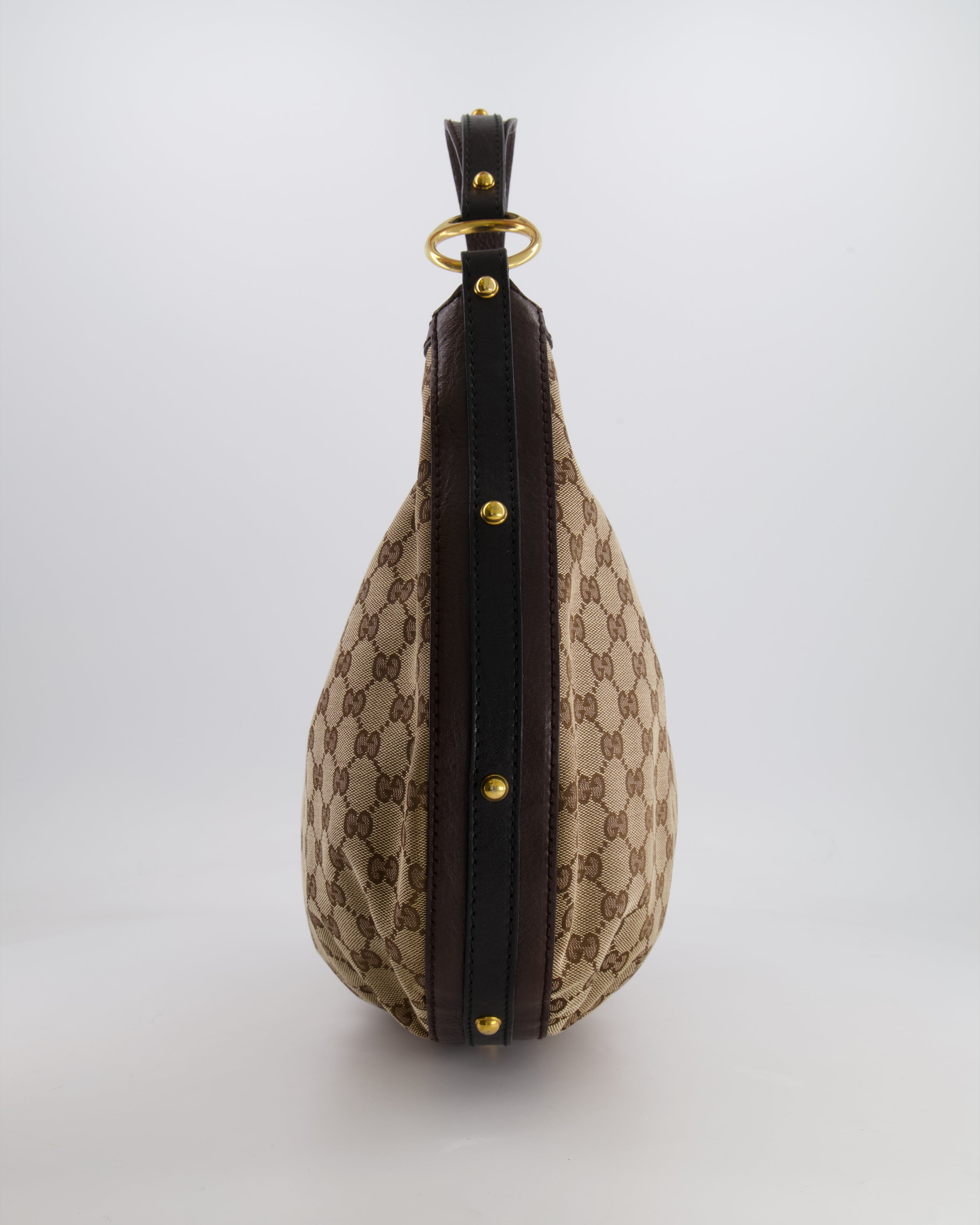 Gucci Beige Hobo Bag in GG Monogram Canvas with Brown Leather Handle and Gold Hardware GG Logo Detail