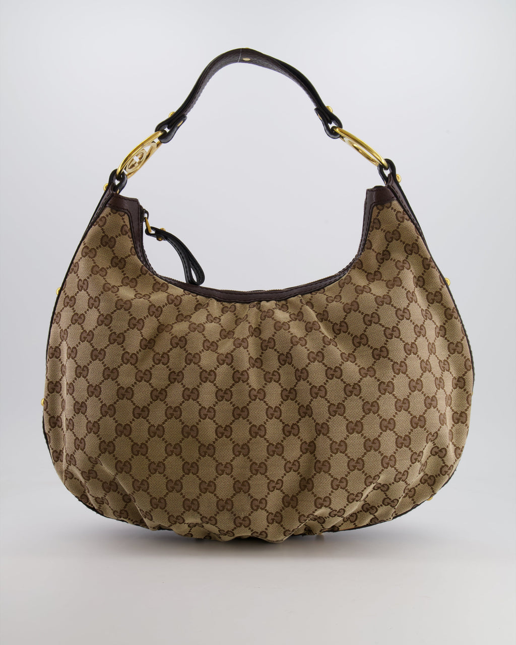 Gucci Beige Hobo Bag in GG Monogram Canvas with Brown Leather Handle and Gold Hardware GG Logo Detail