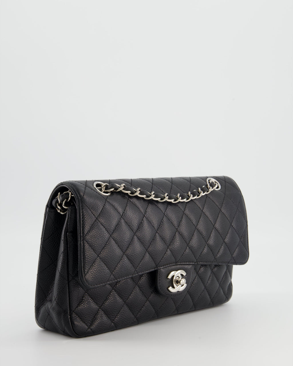 Chanel Black Medium Classic Double Flap Bag in Caviar Leather with Silver Hardware
