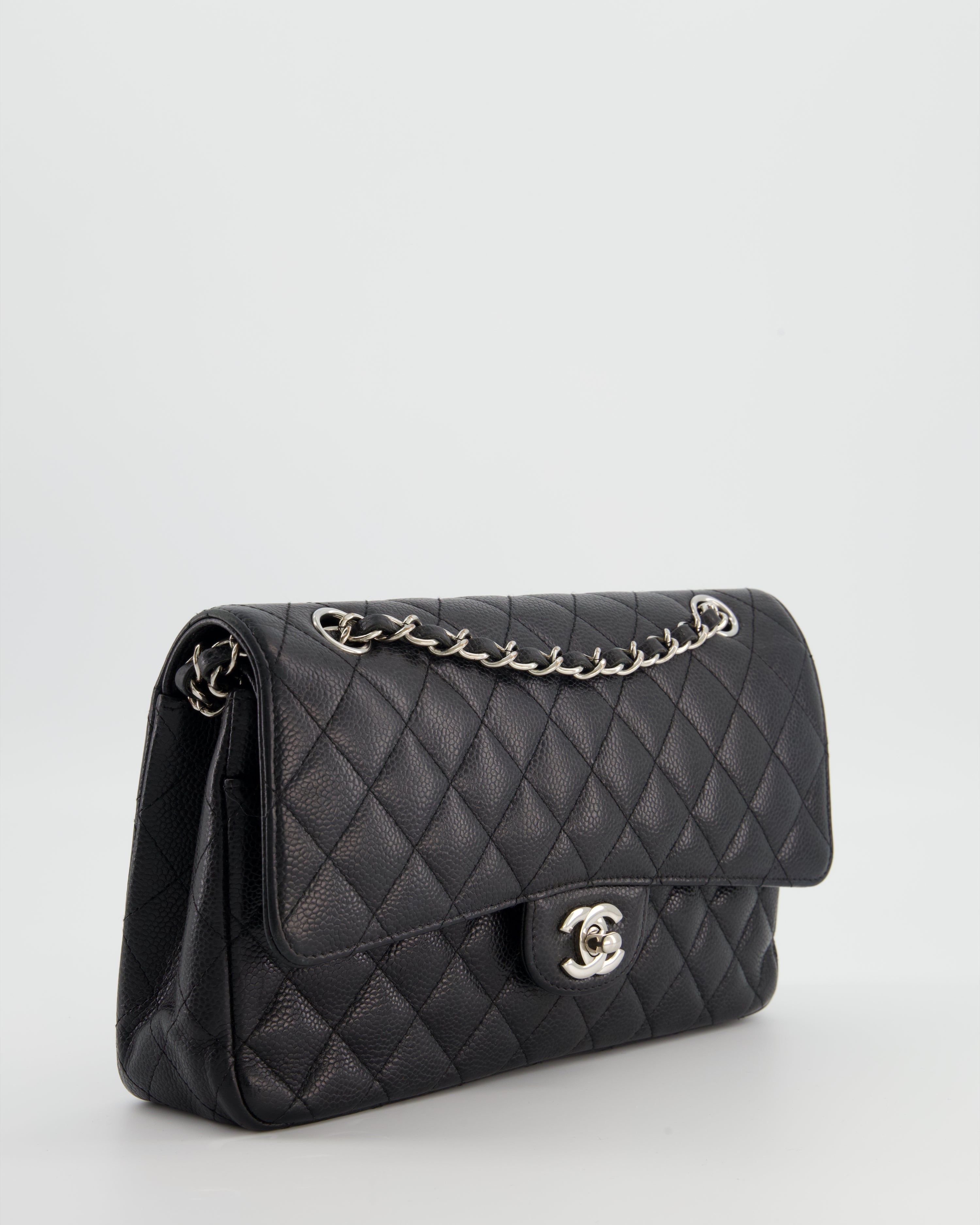 Chanel Black Medium Classic Double Flap Bag in Caviar Leather with Silver Hardware