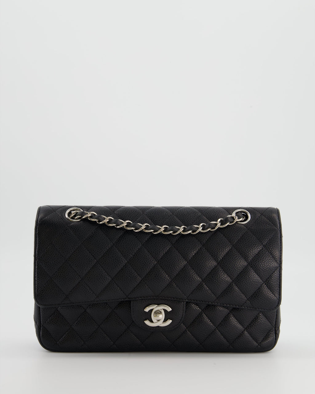 Chanel Black Medium Classic Double Flap Bag in Caviar Leather with Silver Hardware