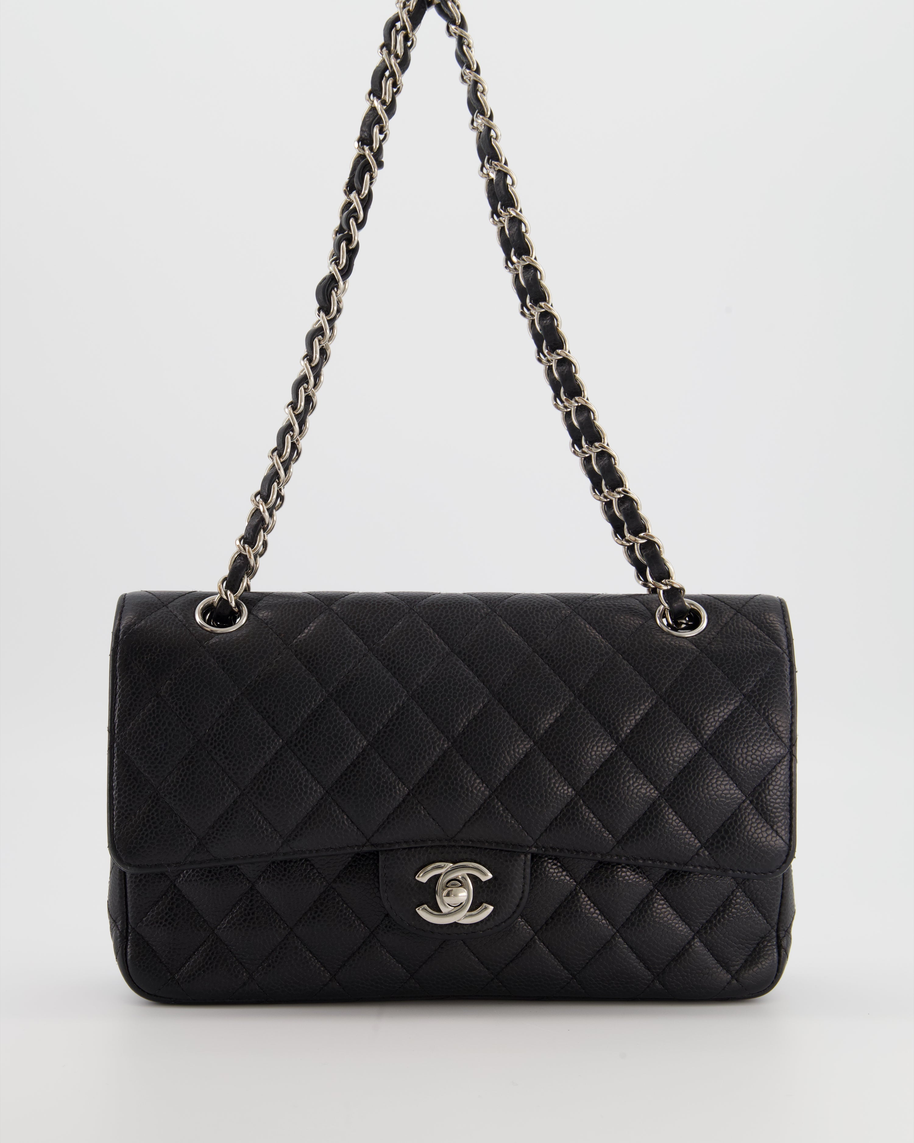 Chanel Black Medium Classic Double Flap Bag in Caviar Leather with Silver Hardware