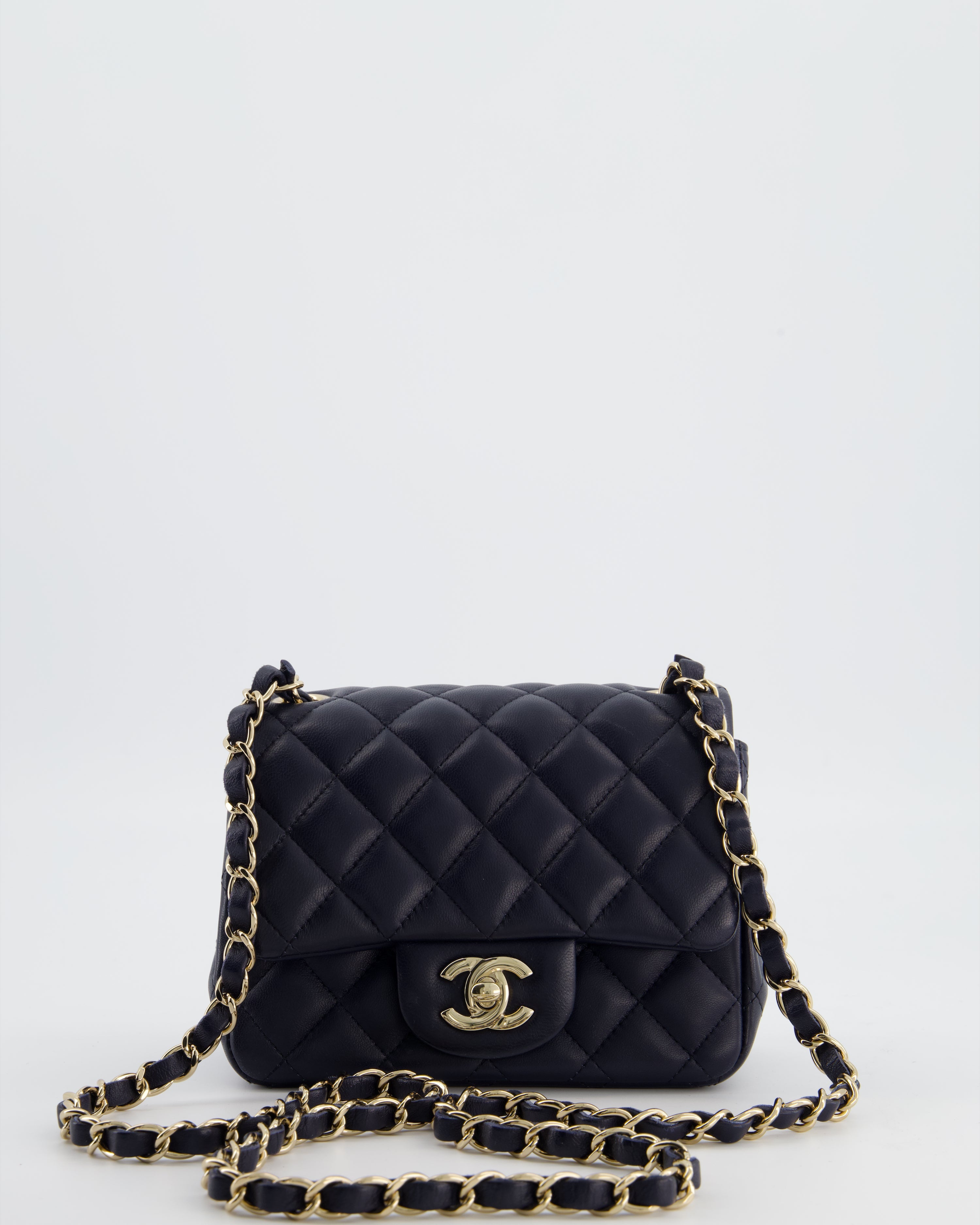 Chanel Navy Mini Square Classic Flap Bag in Lambskin Leather with Champagne Gold Hardware