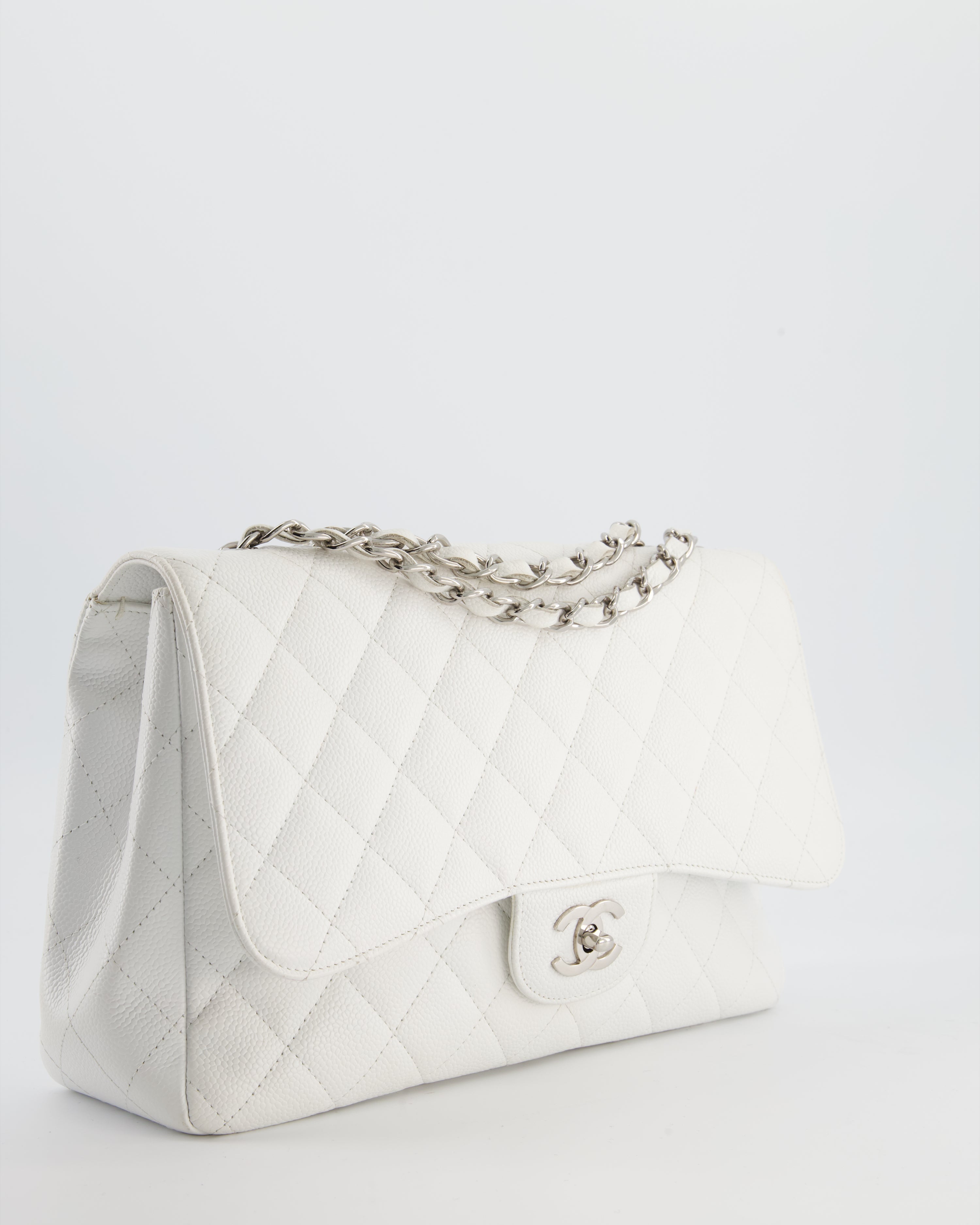 *SUPER FIRE PRICE* Chanel White Jumbo Classic Single Flap Bag in Caviar Leather with Silver Hardware