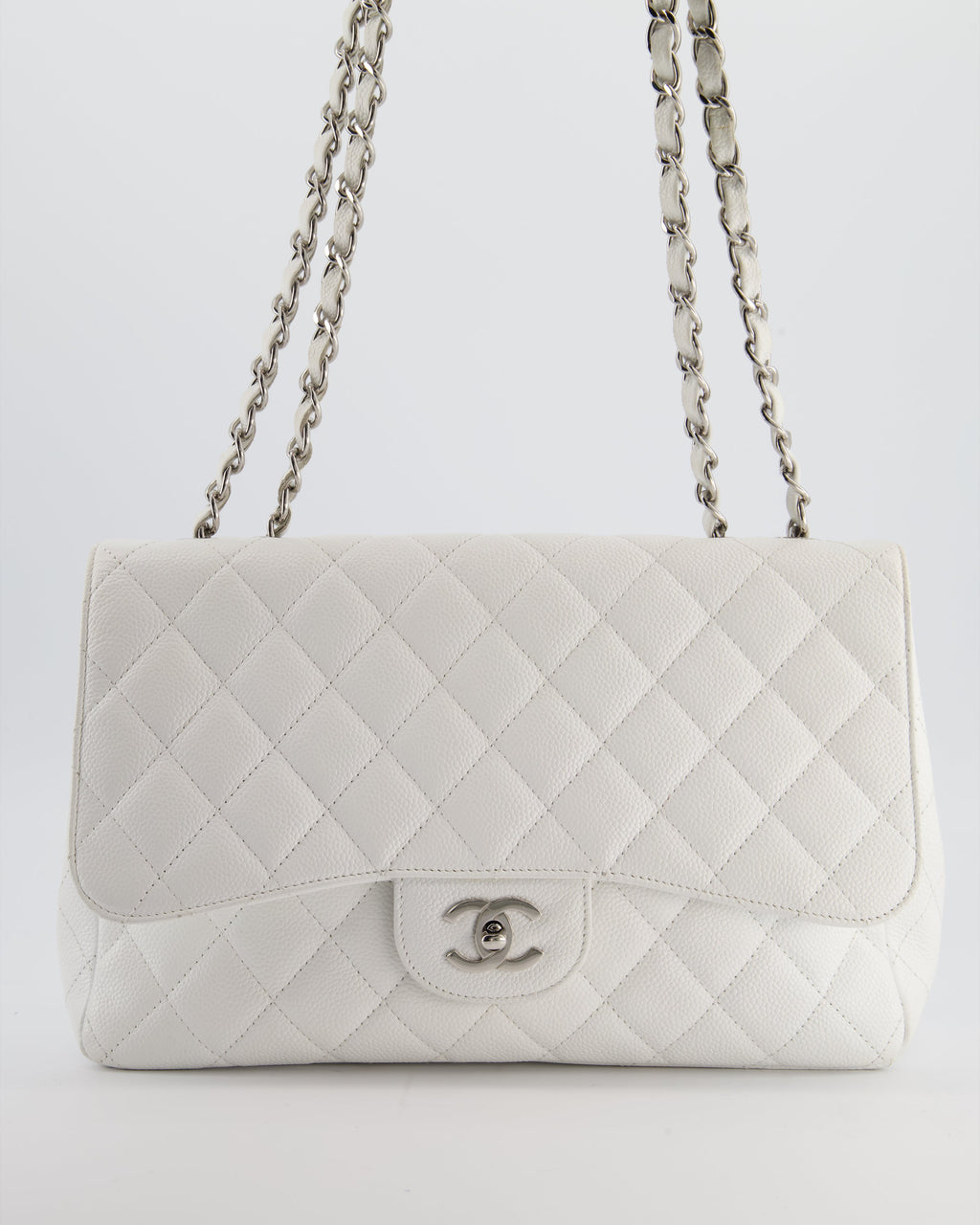 *SUPER FIRE PRICE* Chanel White Jumbo Classic Single Flap Bag in Caviar Leather with Silver Hardware