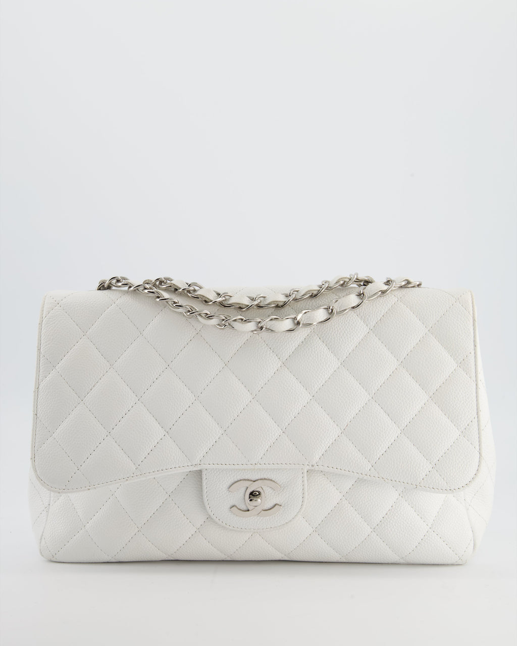 *SUPER FIRE PRICE* Chanel White Jumbo Classic Single Flap Bag in Caviar Leather with Silver Hardware