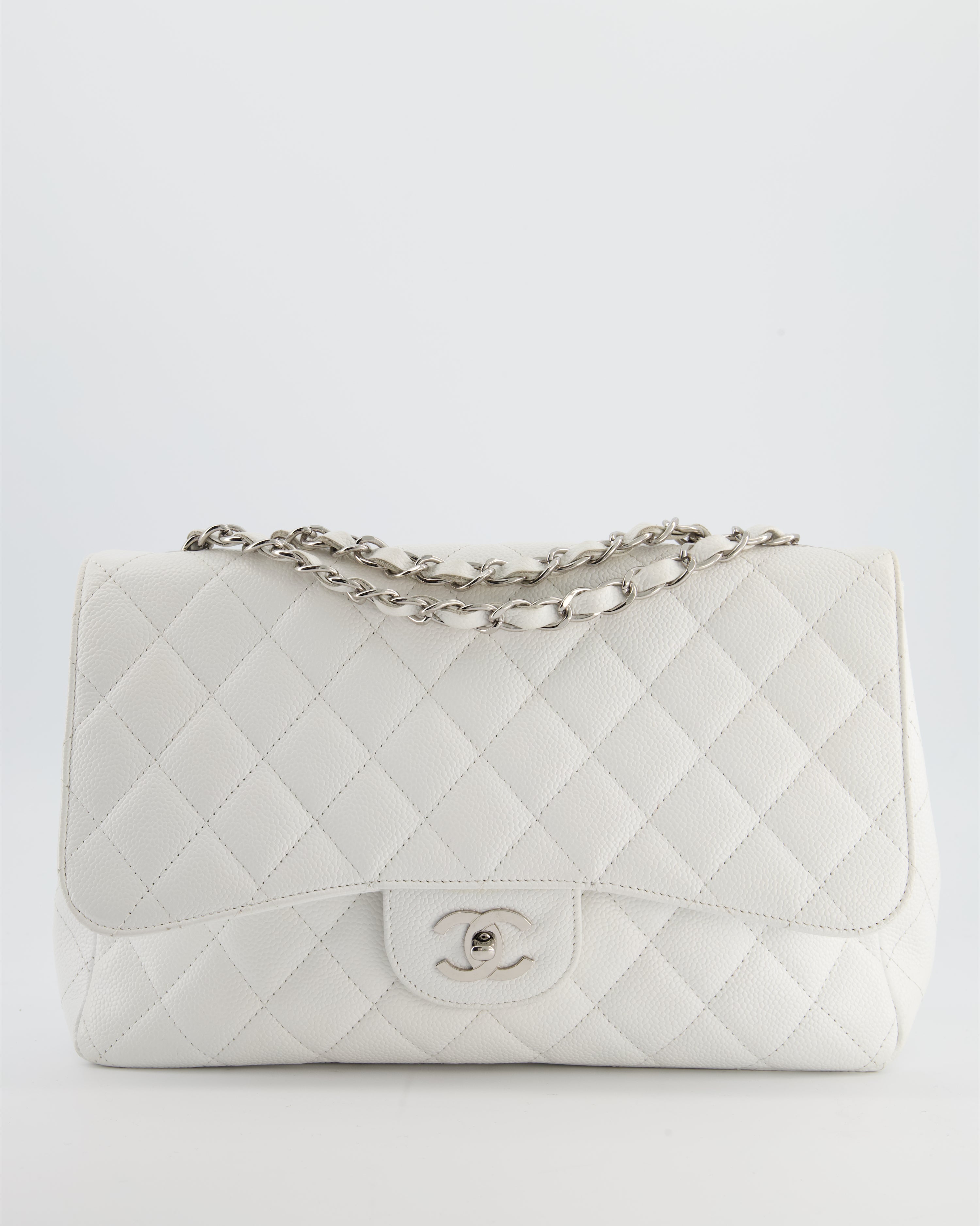 *SUPER FIRE PRICE* Chanel White Jumbo Classic Single Flap Bag in Caviar Leather with Silver Hardware