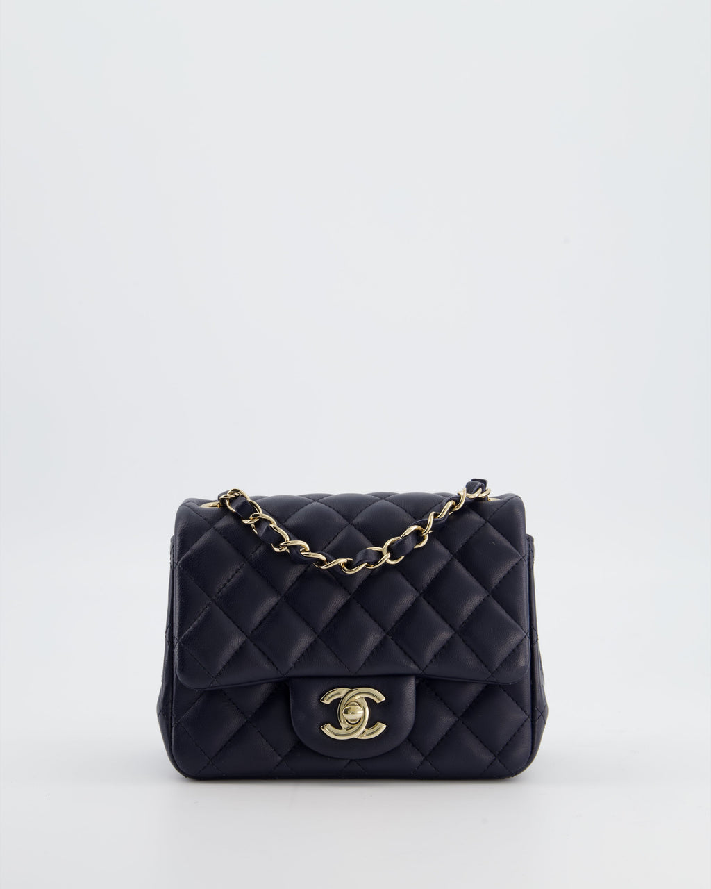 Chanel Navy Mini Square Classic Flap Bag in Lambskin Leather with Champagne Gold Hardware