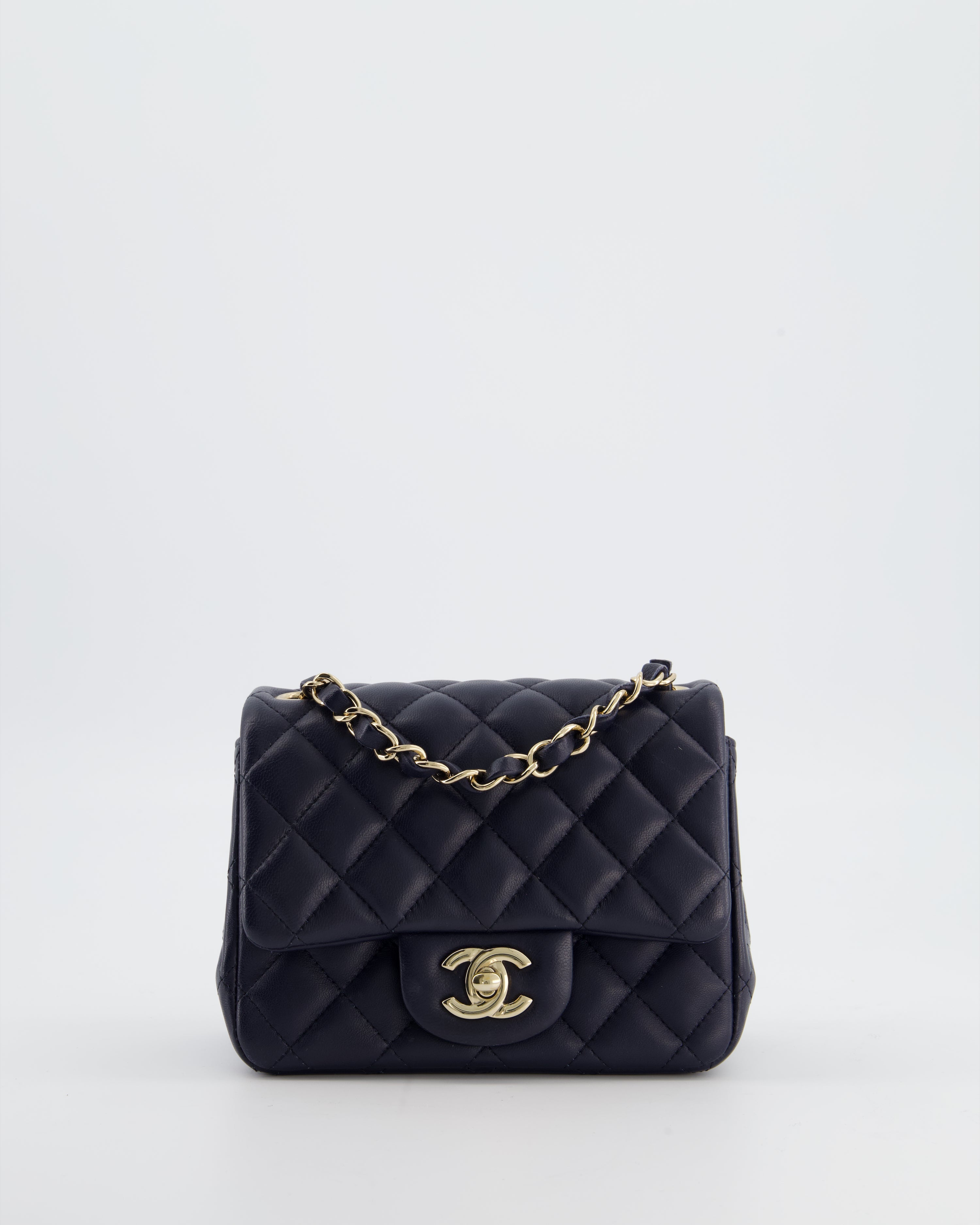 Chanel Navy Mini Square Classic Flap Bag in Lambskin Leather with Champagne Gold Hardware