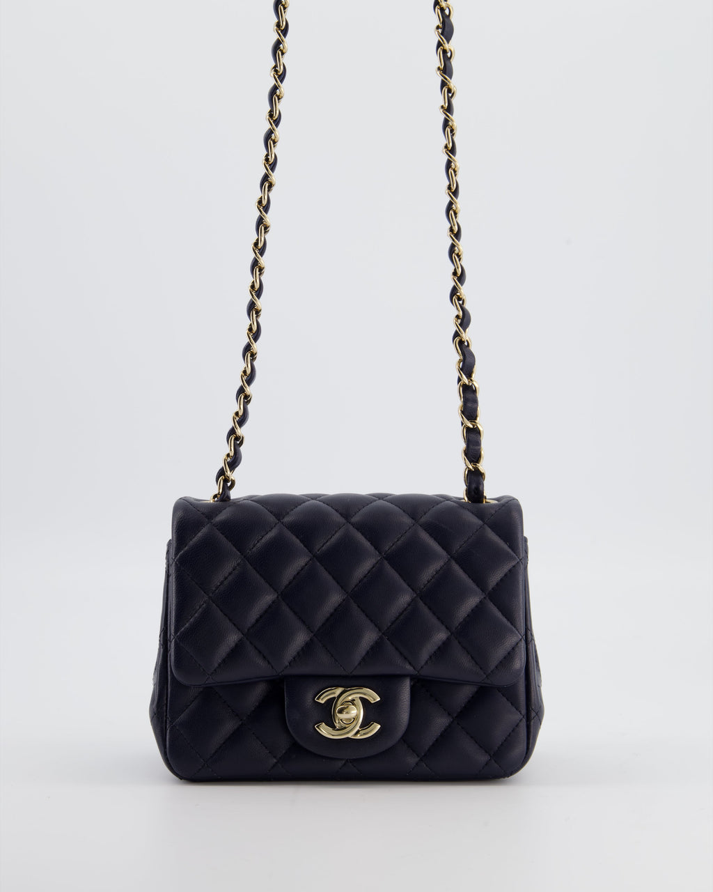 Chanel Navy Mini Square Classic Flap Bag in Lambskin Leather with Champagne Gold Hardware